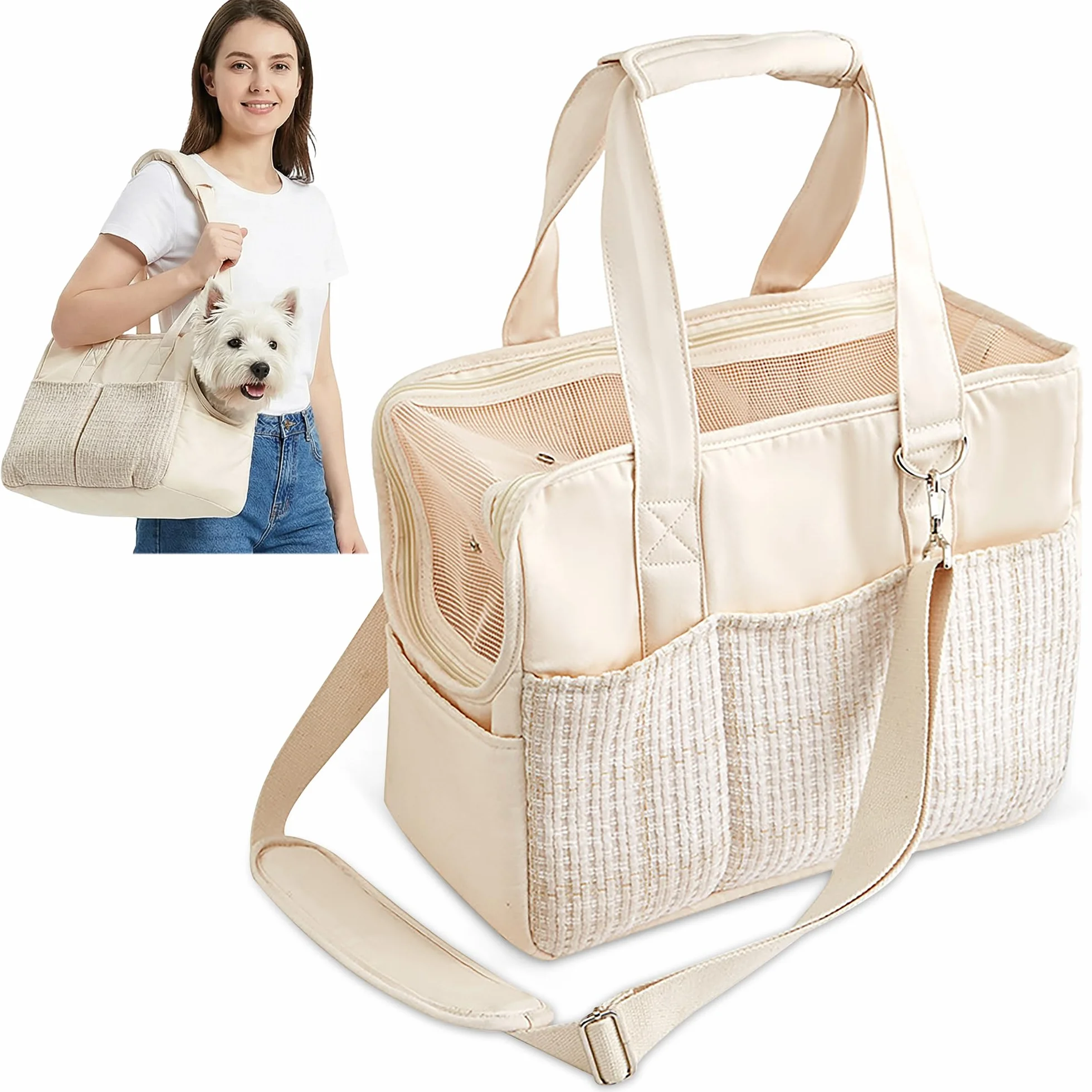 ALLSOPETS Sac de Transport pour Petit Chien et Chat, Sac Bandoulière Pliable avec Poches, Laisse de Sécurité et Coussin Amovible (Beige)