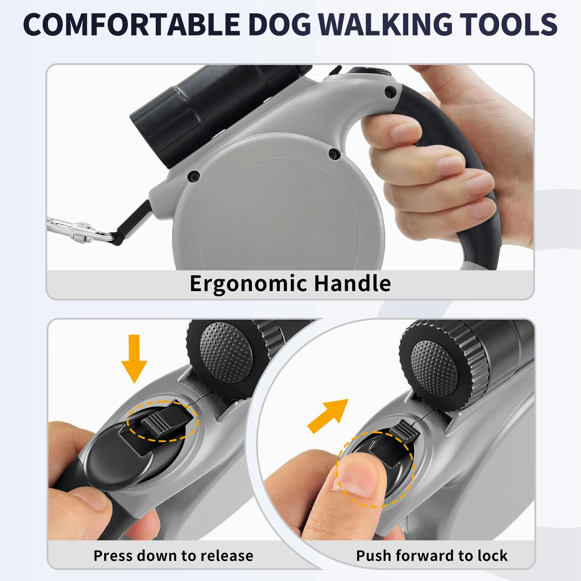 Laisse rétractable pour grand chien avec lampe de poche amovible et distributeur de sacs à déjections canines
