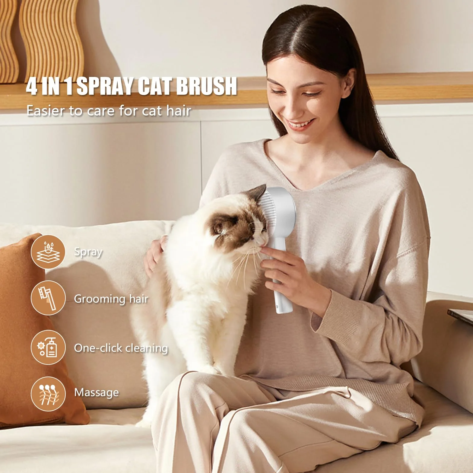Brosse Chat Vapeur 4 en 1 Autonettoyant pour Chien et Chat Poil Long Court
