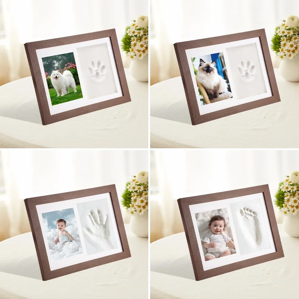 Kit Empreinte Chat et Chien avec Photo 14 x 10 cm, Argile et Bâton en Bois, Cadeau Souvenir pour Propriétaire de Chien