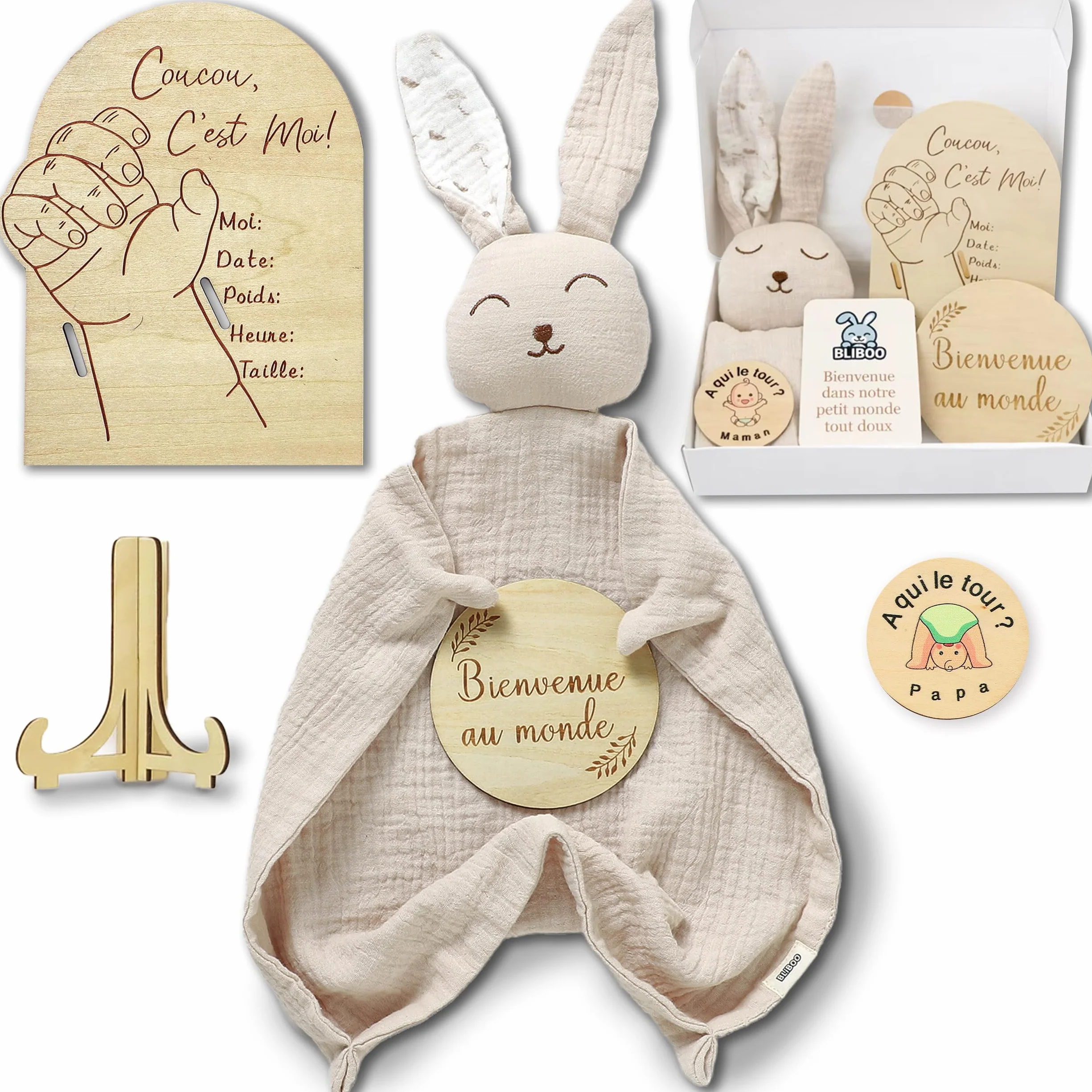 BLIBOO Coffret Cadeau Naissance Doudou Lapin Double Expression 100% Coton Bio Certifié GOTS OEKO-TEX