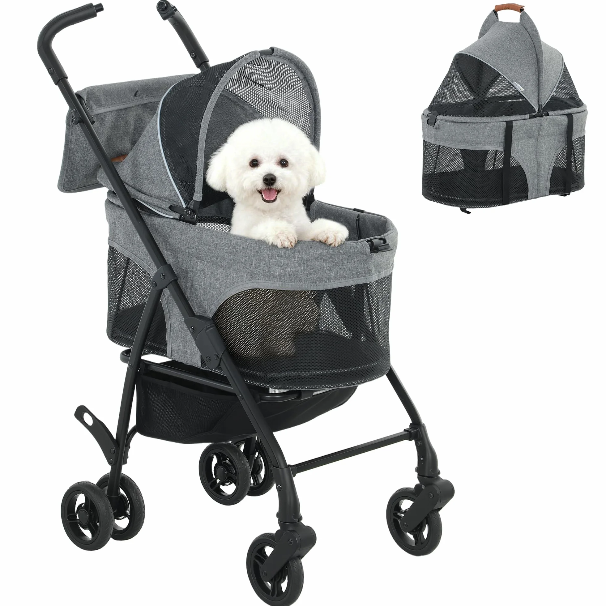 PawHut Poussette pour Chien 3 en 1 Détachable - Pousse-Chien Pliable avec Nacelle Amovible et Sans Fermeture Éclair - Suspension Tout-Terrain pour Petits Chiens et Chat de 10kg, Gris