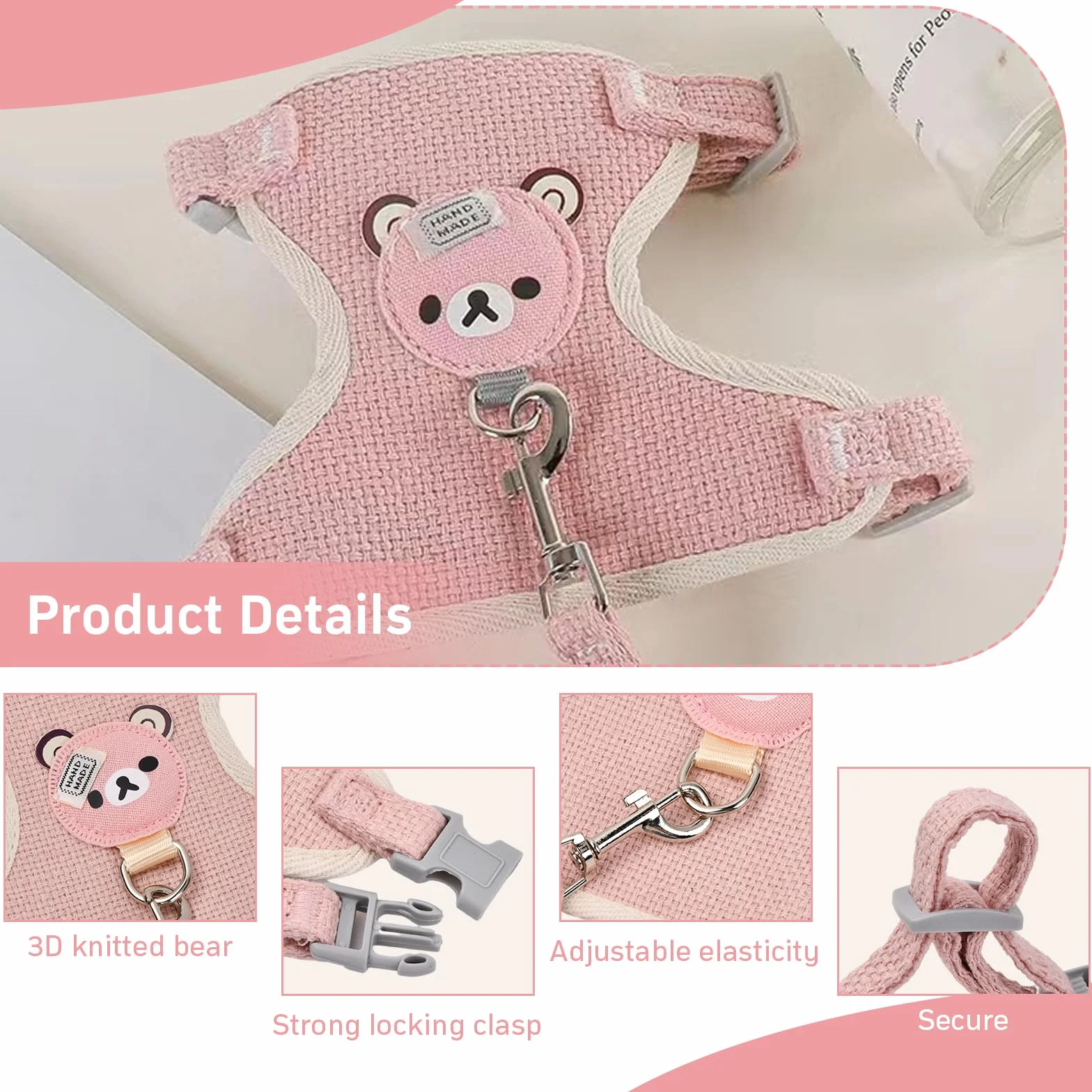 Harnais et Laisse pour Animaux de Compagnie 120 cm Réglable Rembourré Doux Gris Rose
