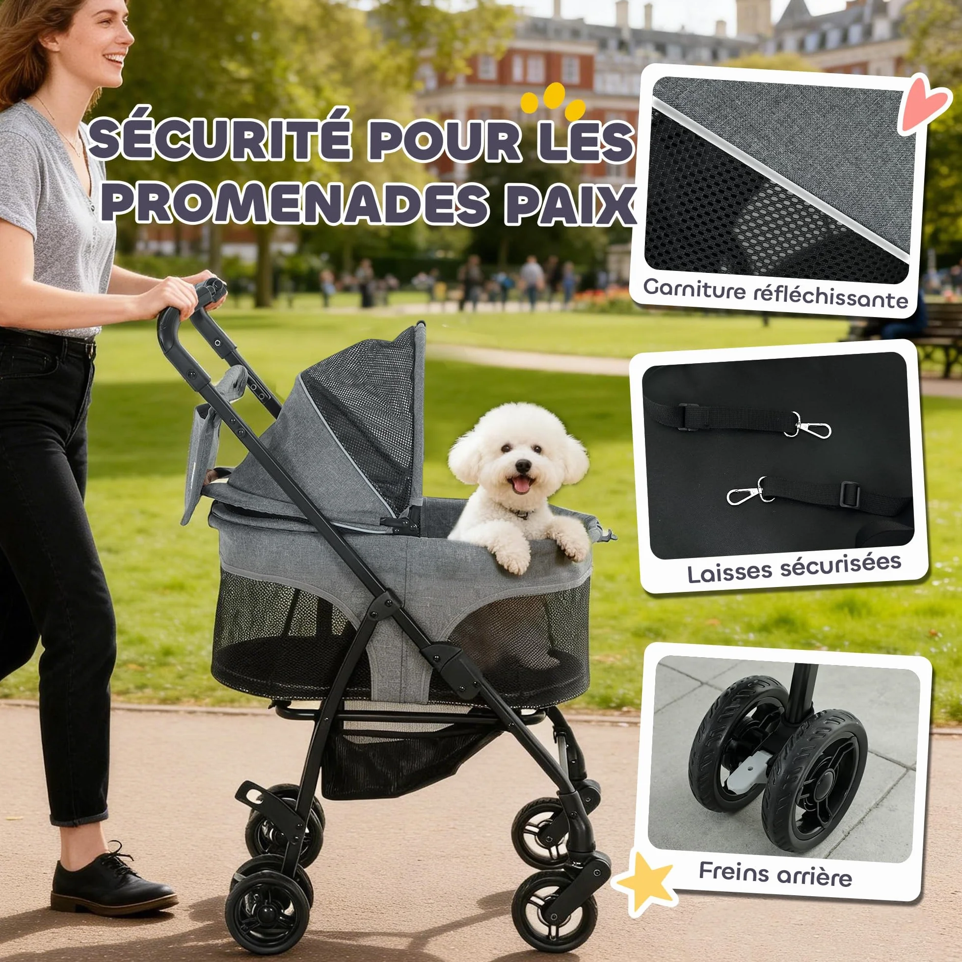 PawHut Poussette pour Chien 3 en 1 Détachable - Pousse-Chien Pliable avec Nacelle Amovible et Sans Fermeture Éclair - Suspension Tout-Terrain pour Petits Chiens et Chat de 10kg, Gris