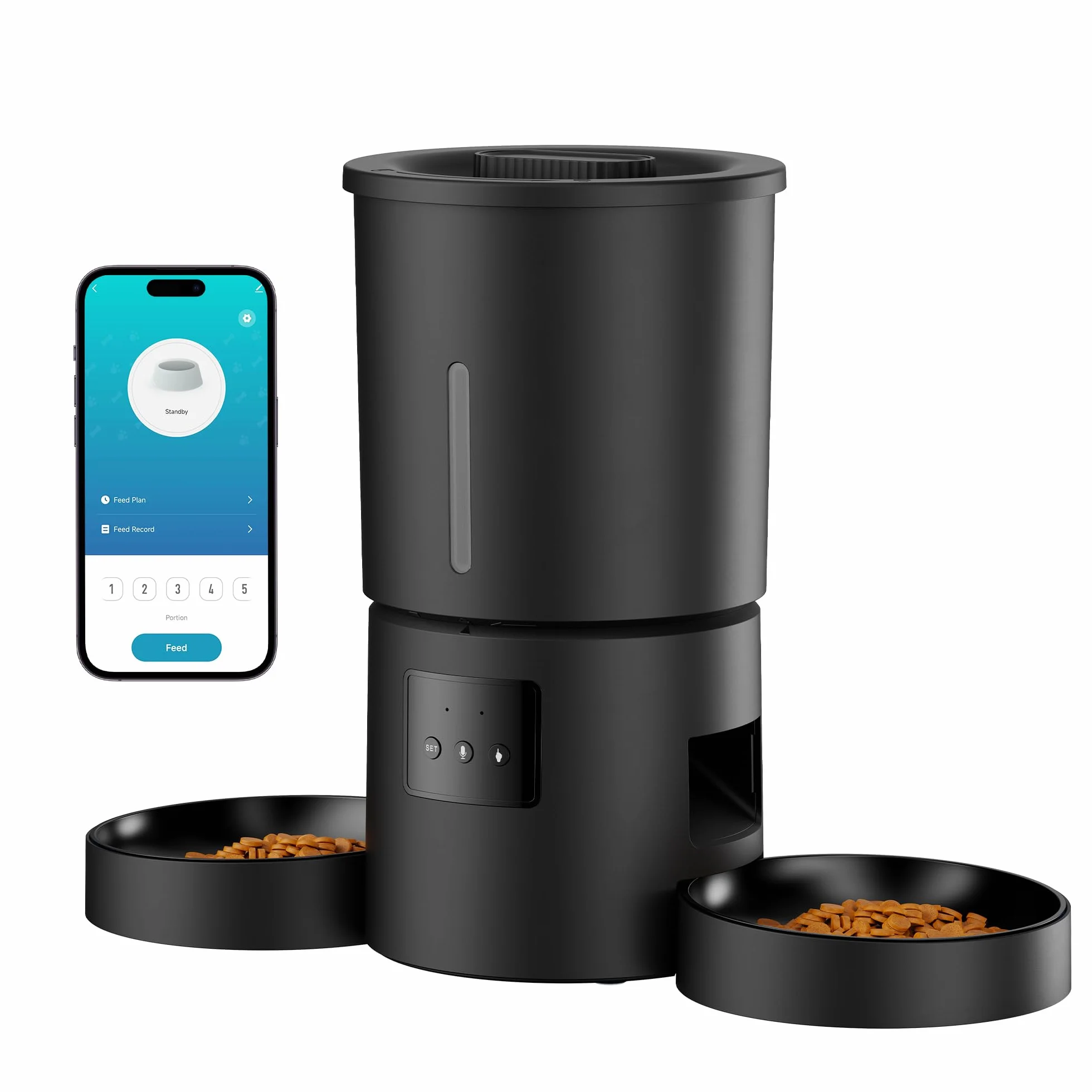 Distributeur Automatique de Croquettes AONBOY Double 5L WiFi 2.4G avec Minuterie APP pour Chat Chien Noir