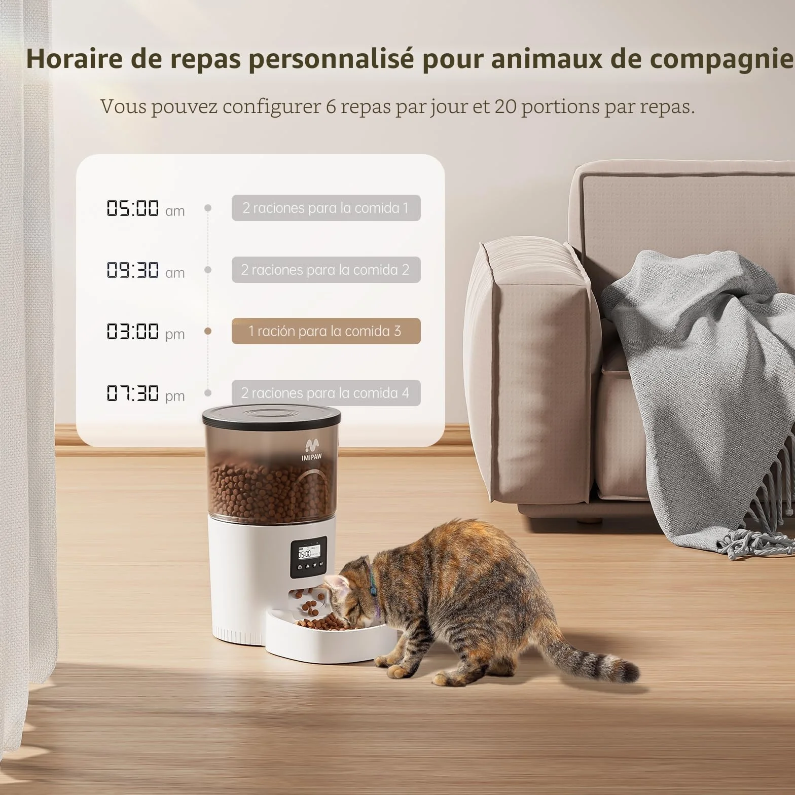Distributeur Croquettes Chat Automatique Minuterie Programmable 1-6 Repas Jour Blanc 3L