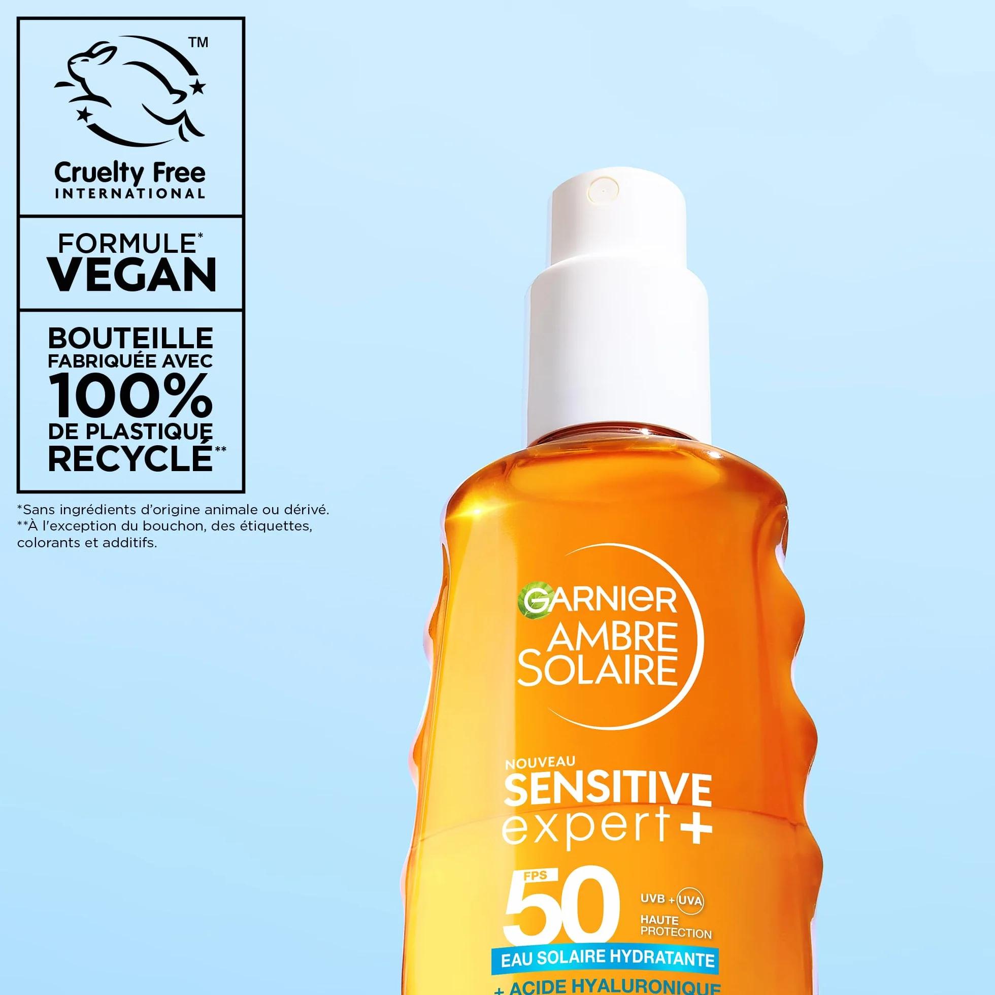 GARNIER Ambre Solaire Eau Biphase UV Sensitive Expert+ SPF 50 Visage Corps Cheveux Protection Solaire 150ml