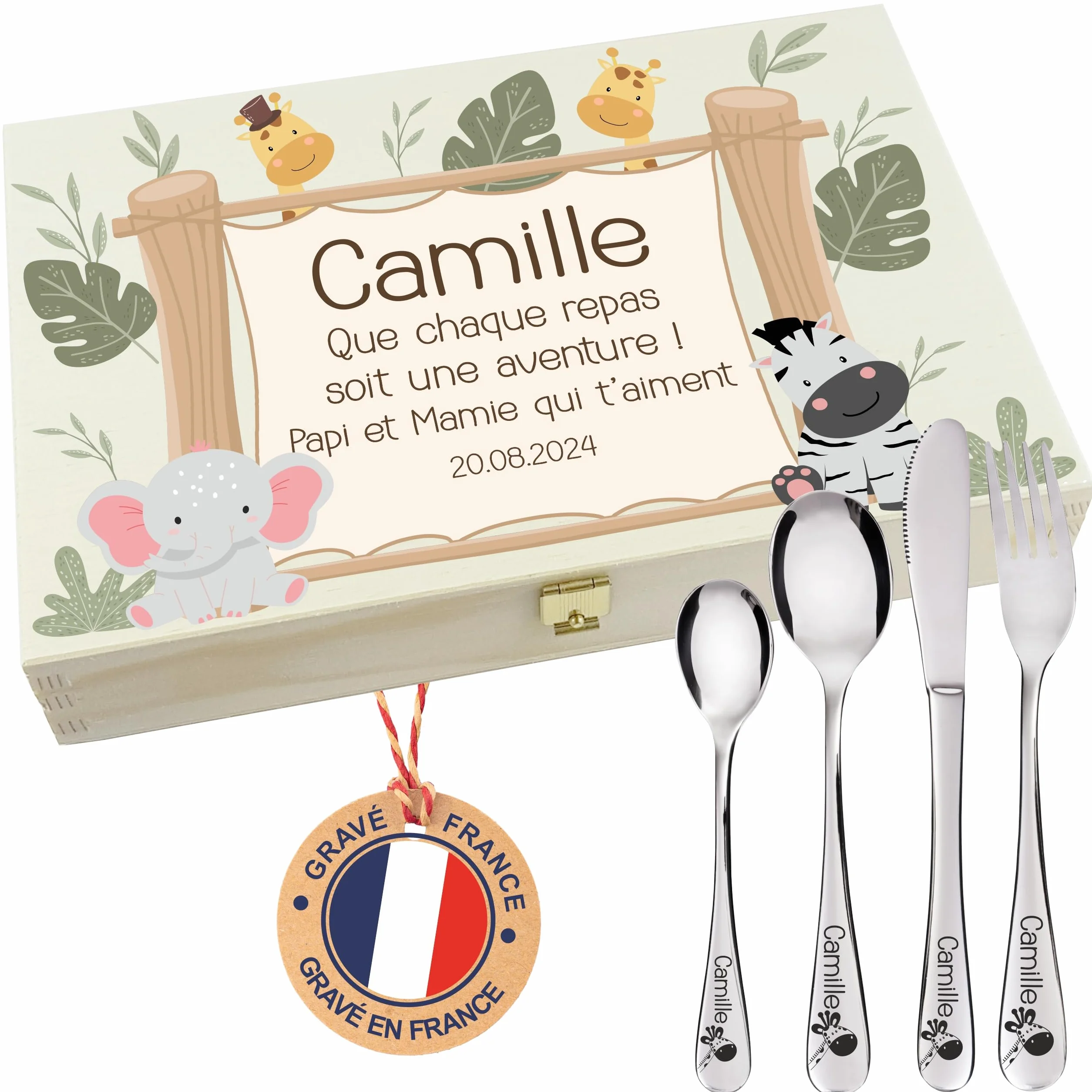 Coffret en Bois avec 4 Couverts personnalisés pour Enfant - Prénom gravé - Cadeau Noël bébé, Baptême, Naissance