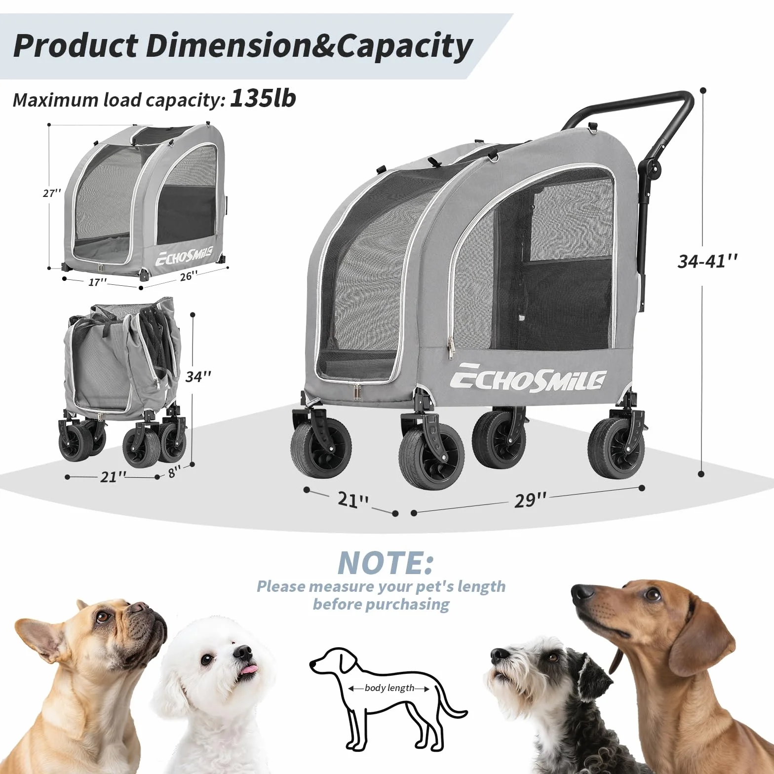 EchoSmile Poussette pour Chien de Petite et Moyenne 20 kg, Chariot pour Chien Pliable Tout Terrain avec Double Freinage, Ceintures de Sécurité et Fenêtres Grillagées, Gris
