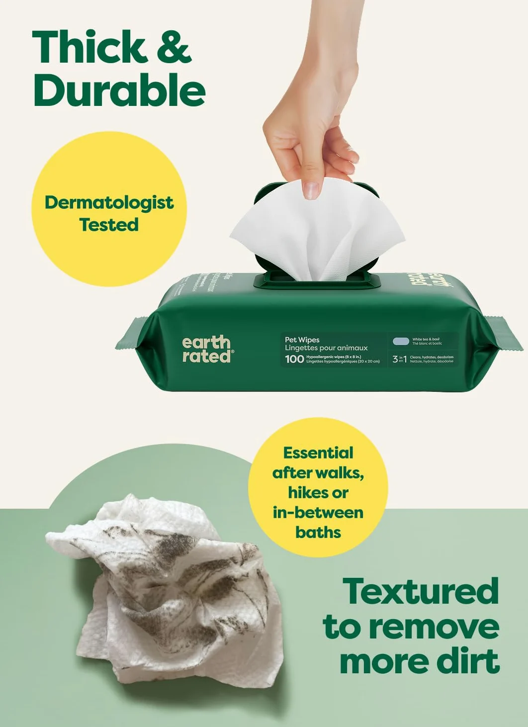 Earth Rated Lot de 200 lingettes désodorisantes pour pattes et fesses – Thé blanc et basilic – Pour chiens