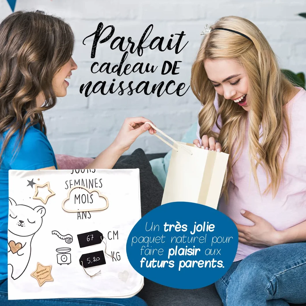 Couverture étape bébé personnalisée avec carte en bois - tapis mois photos - coffret cadeau naissance - thème étoile
