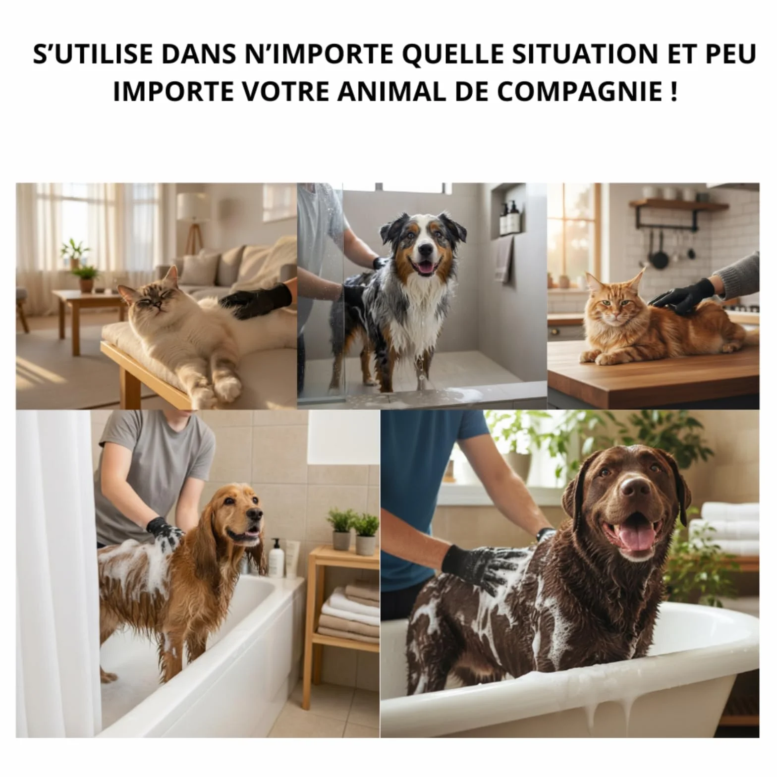 Gants de Toilettage Ajustables pour Animaux 4 en 1 Silicone Doux pour Chien Chat Lapin Brossage Massage Bain Retrait des Poils (Noir)