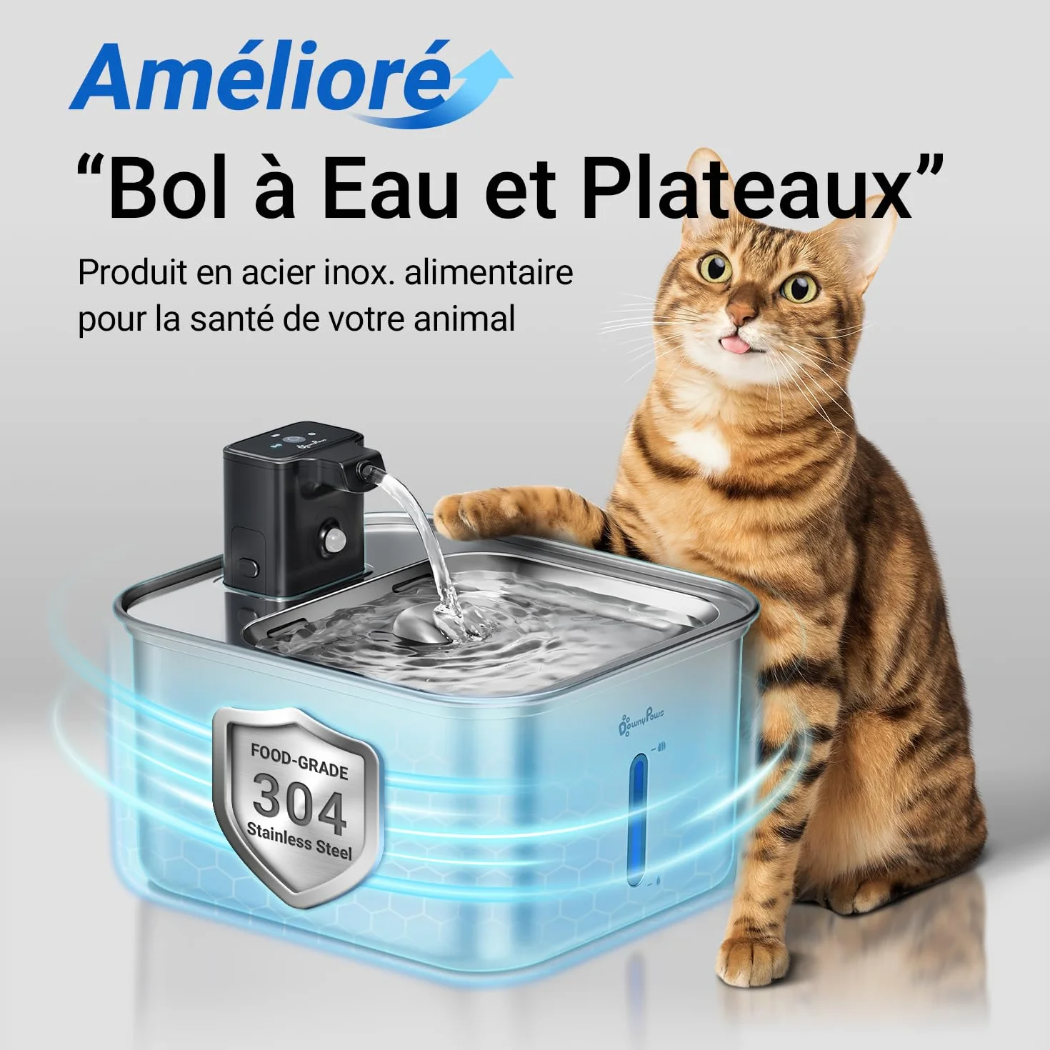 Fontaine à Eau pour Chat sans Fil 4000mAh INOX Détecteur de Mouvement