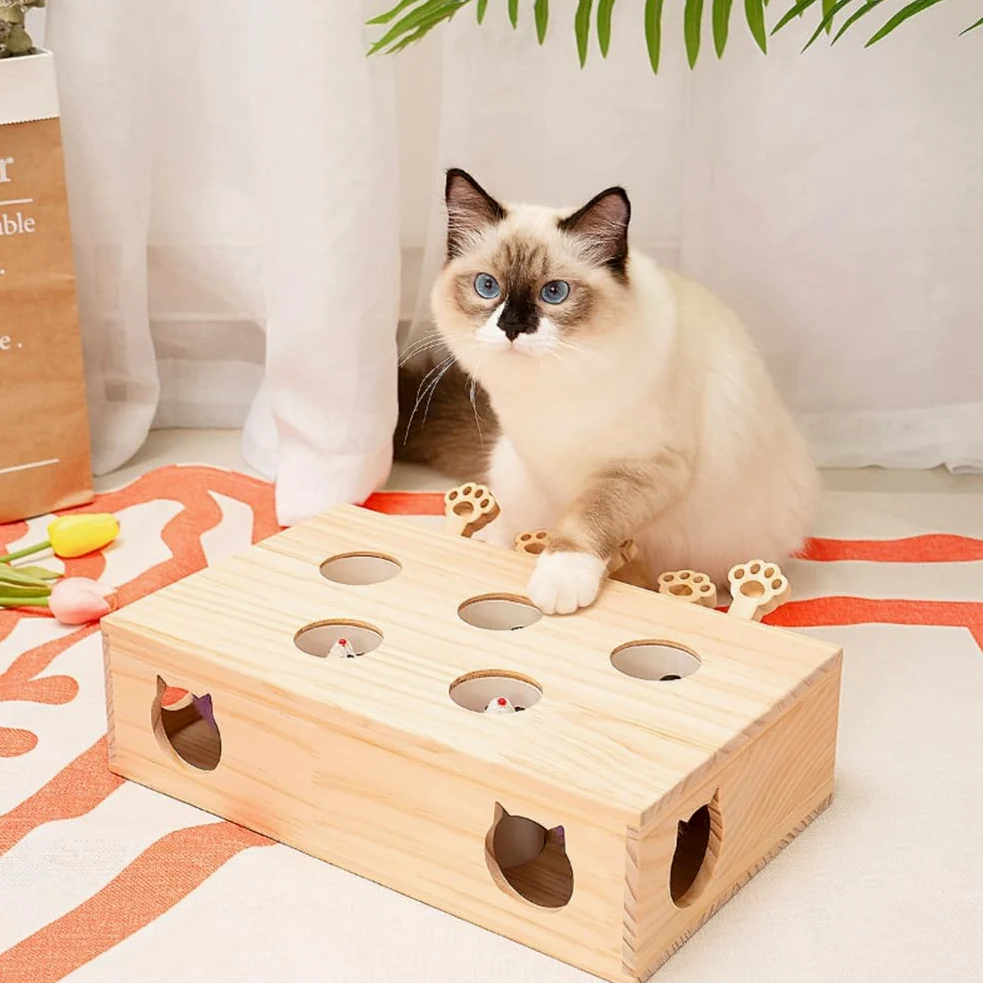 Cat Toys Interactive Whack-A-Mole Solid Wood Toy for Indoor Cats Kitten Catch Mice Game