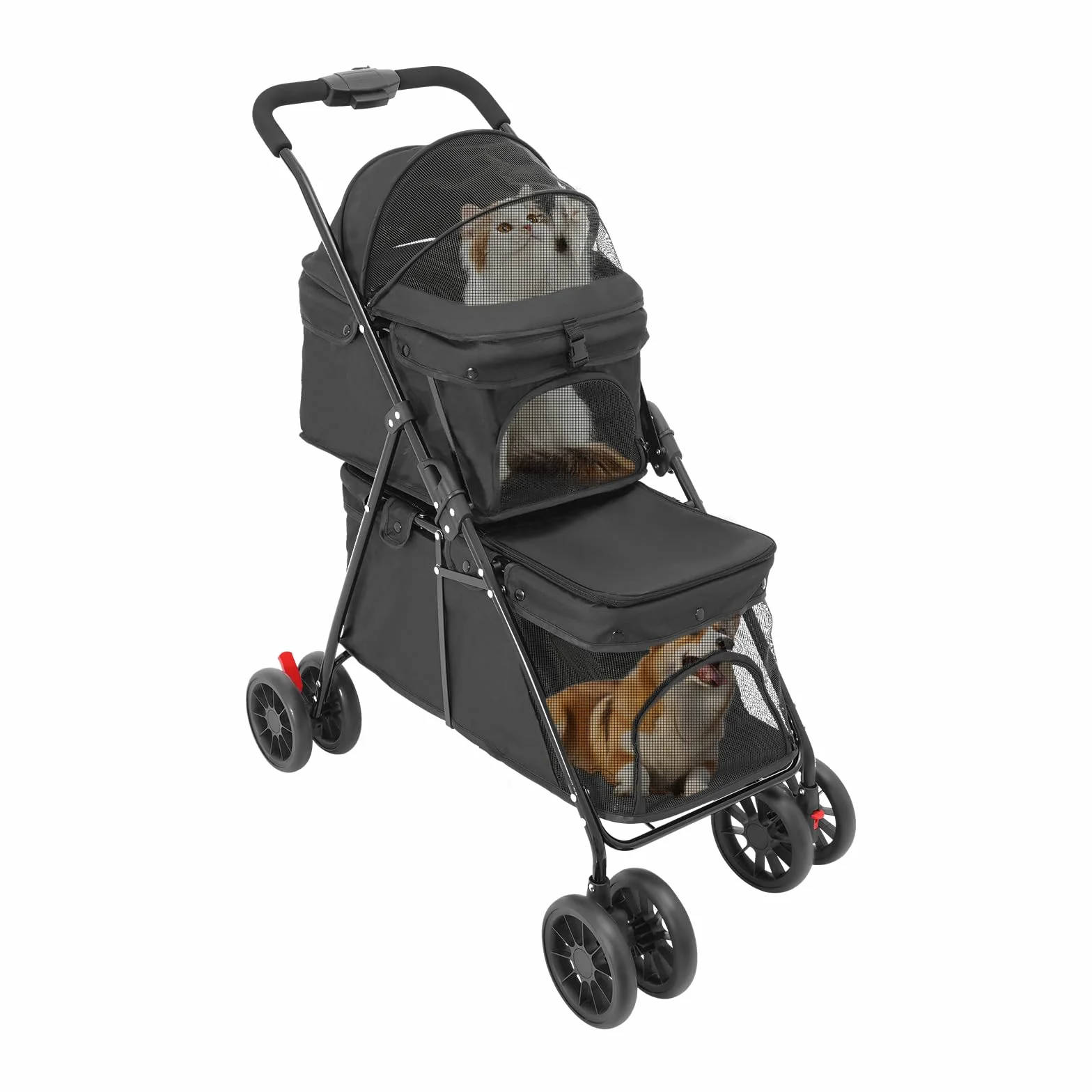 Poussette pliable à 2 couches pour chiens et chats - Avec fenêtre en filet, frein et sac de rangement - Cadre solide en acier au carbone - Charge maximale : 40 kg - 95 x 60 cm - Noir