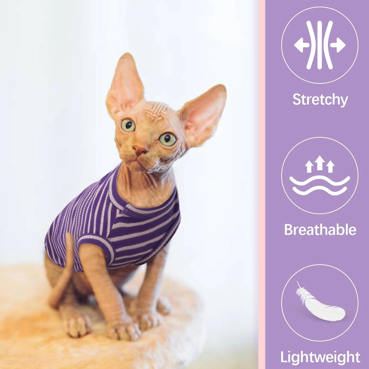 Sphynx Vêtements pour chat T-shirts respirants sans poils rayures sans manches pull-over été animaux de compagnie Cornish Rex