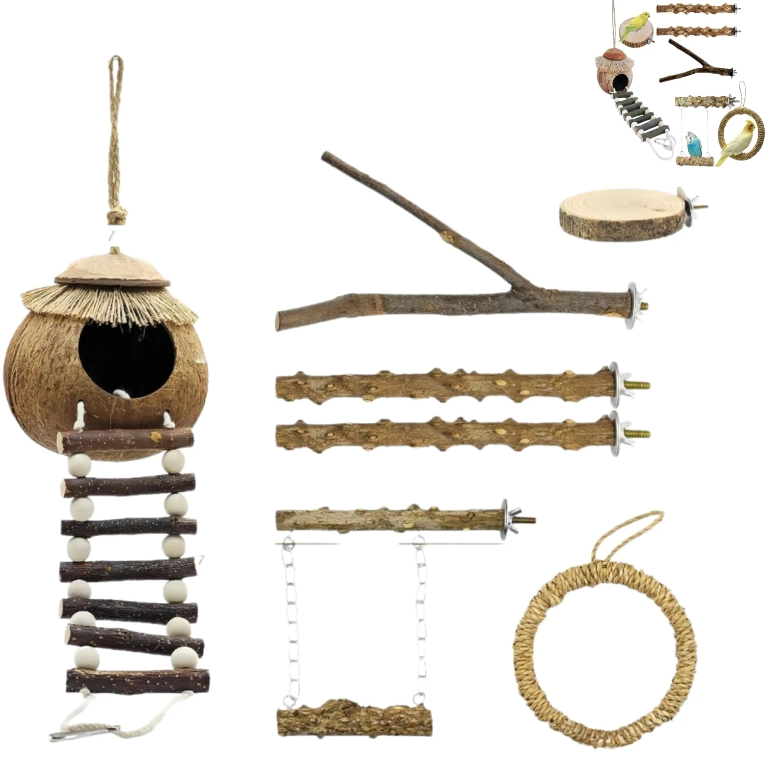 Kit d'Accessoires pour Oiseaux, Nid de Noix de Coco Naturelle avec Perchoirs en Bois de Sichuan, Balançoire et Plateforme, Adapté aux Perruches, Perroquets et Oiseaux de Petite Taille