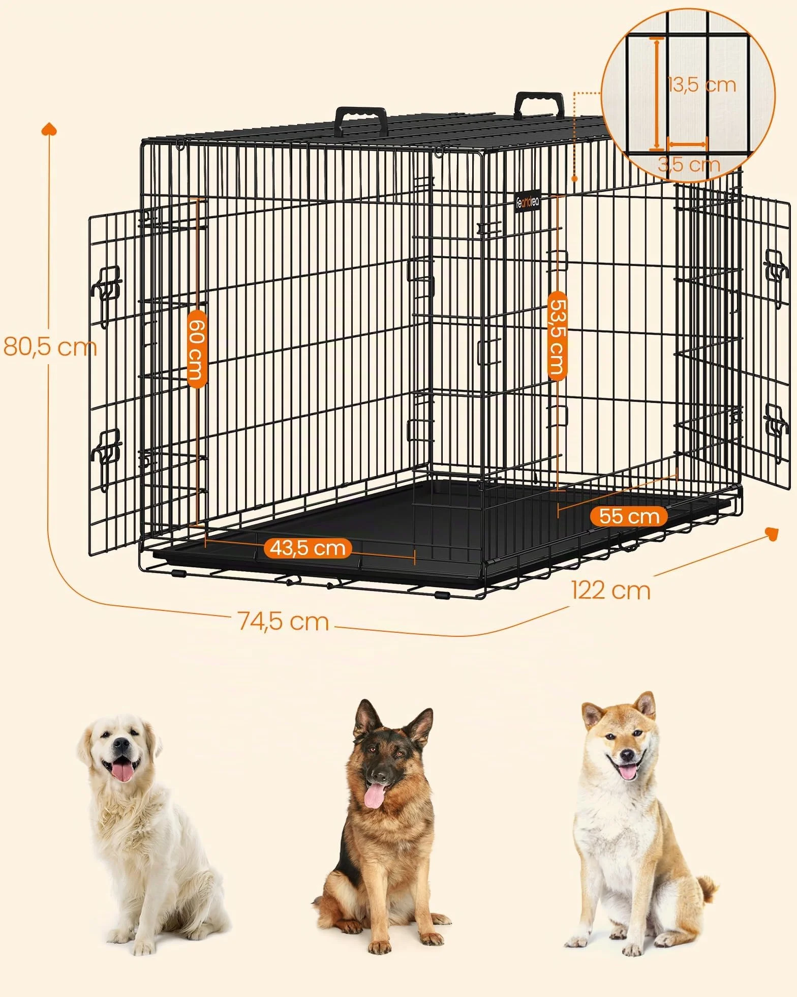 Feandrea Cage pour Chien Pliable 2 Portes Plateau Amovible 122 x 74,5 x 80,5 cm Taille XXL Noir