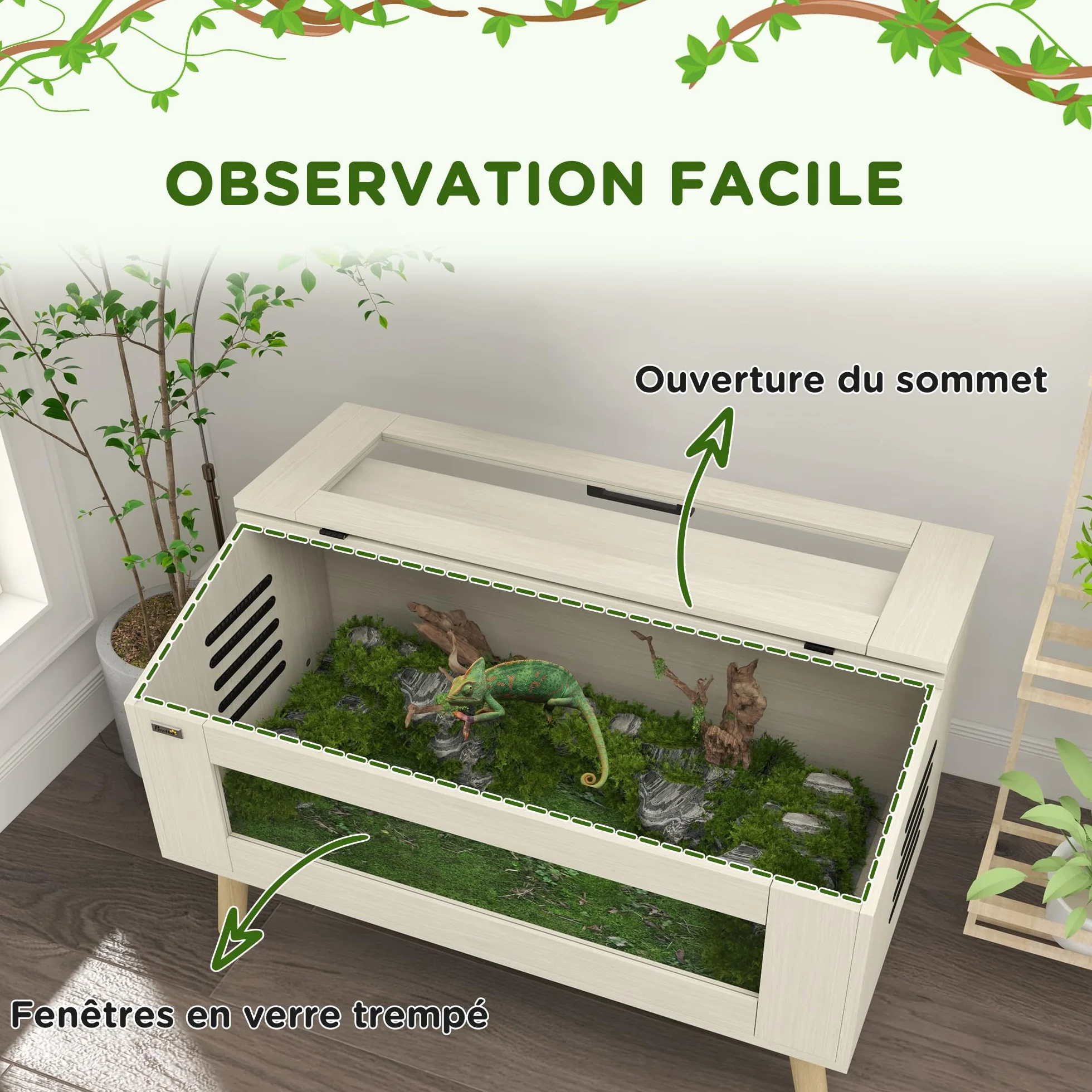 PawHut Terrarium Reptiles 140L Verre trempé 100 x 50 x 60 cm Bois naturel