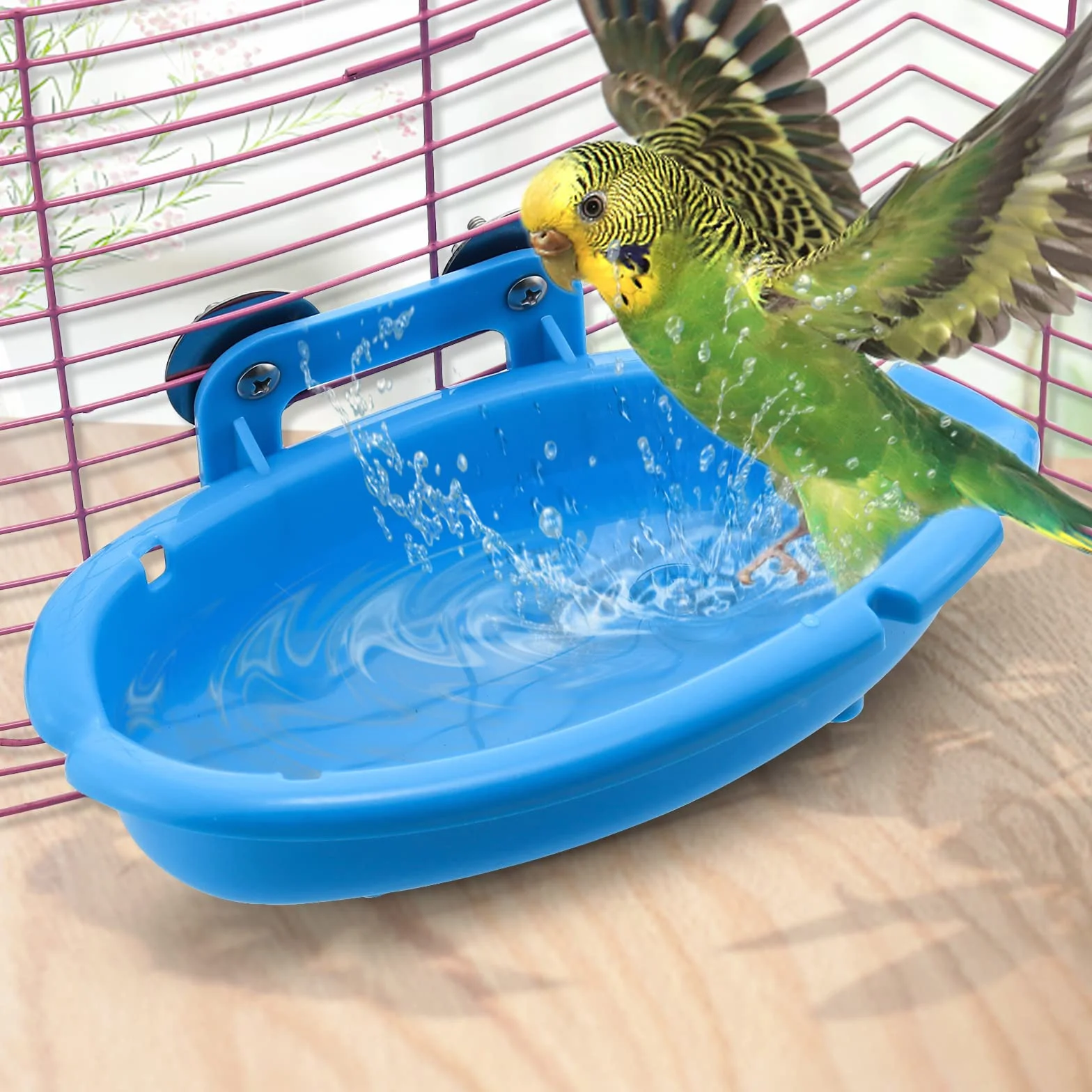 Baignoire Oiseaux Suspendue pour Perruche Canaris Cage Bains d'oiseaux Petits Perroquets (Bleu)