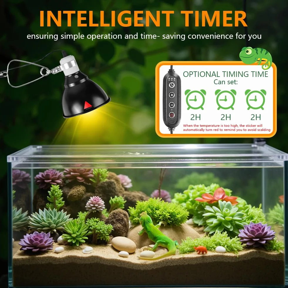 HOTUT Abat-jour chauffant pour reptile E27 avec clip, contrôle temps température, lampe dôme terrarium UVA UVB
