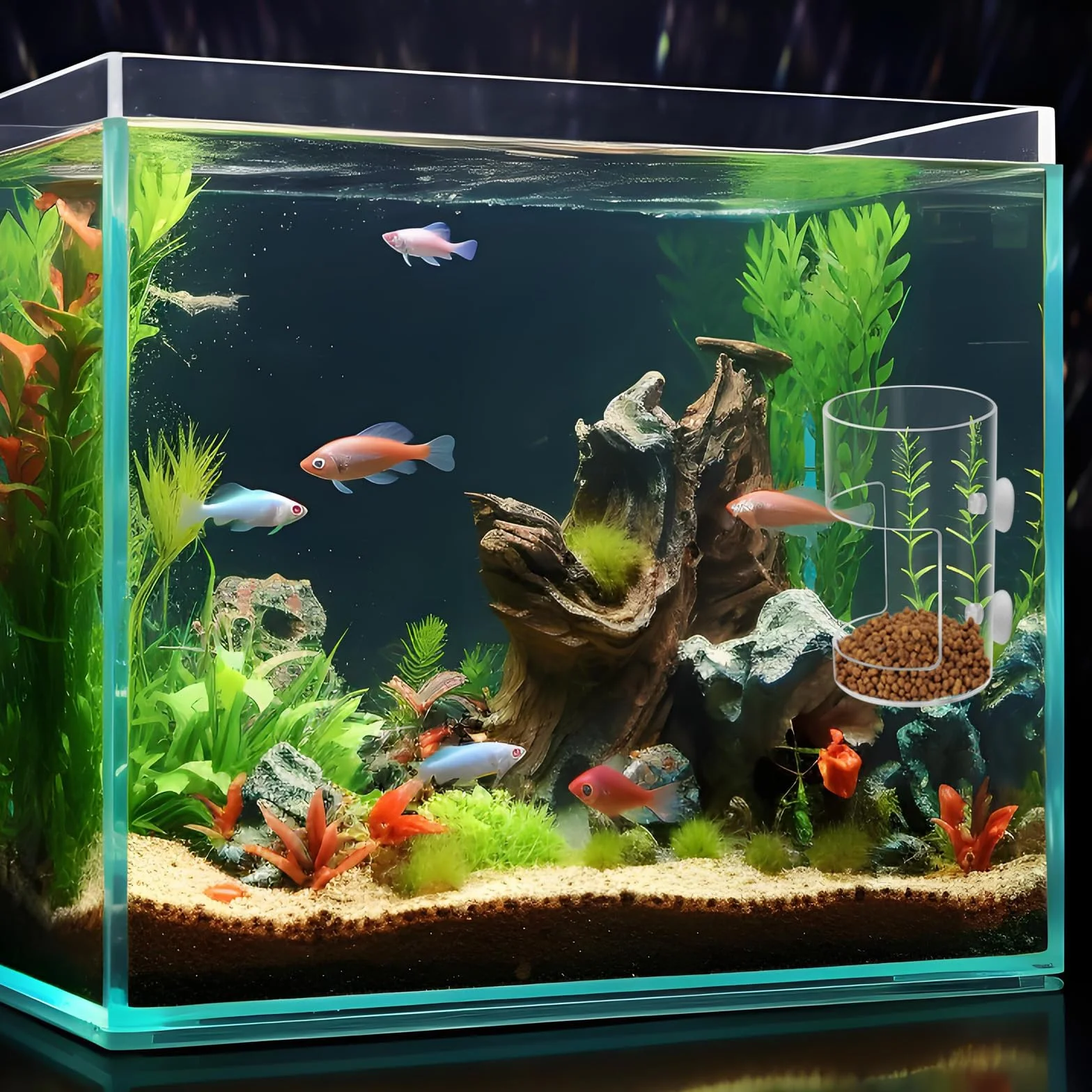 Lot de 2 mangeoires Rondes pour Poissons d'aquarium avec Ventouse, Tube d'alimentation, séparateur de réservoir, boîte d'élevage, Bols à Poissons, Accessoires pour Tortues et crevettes