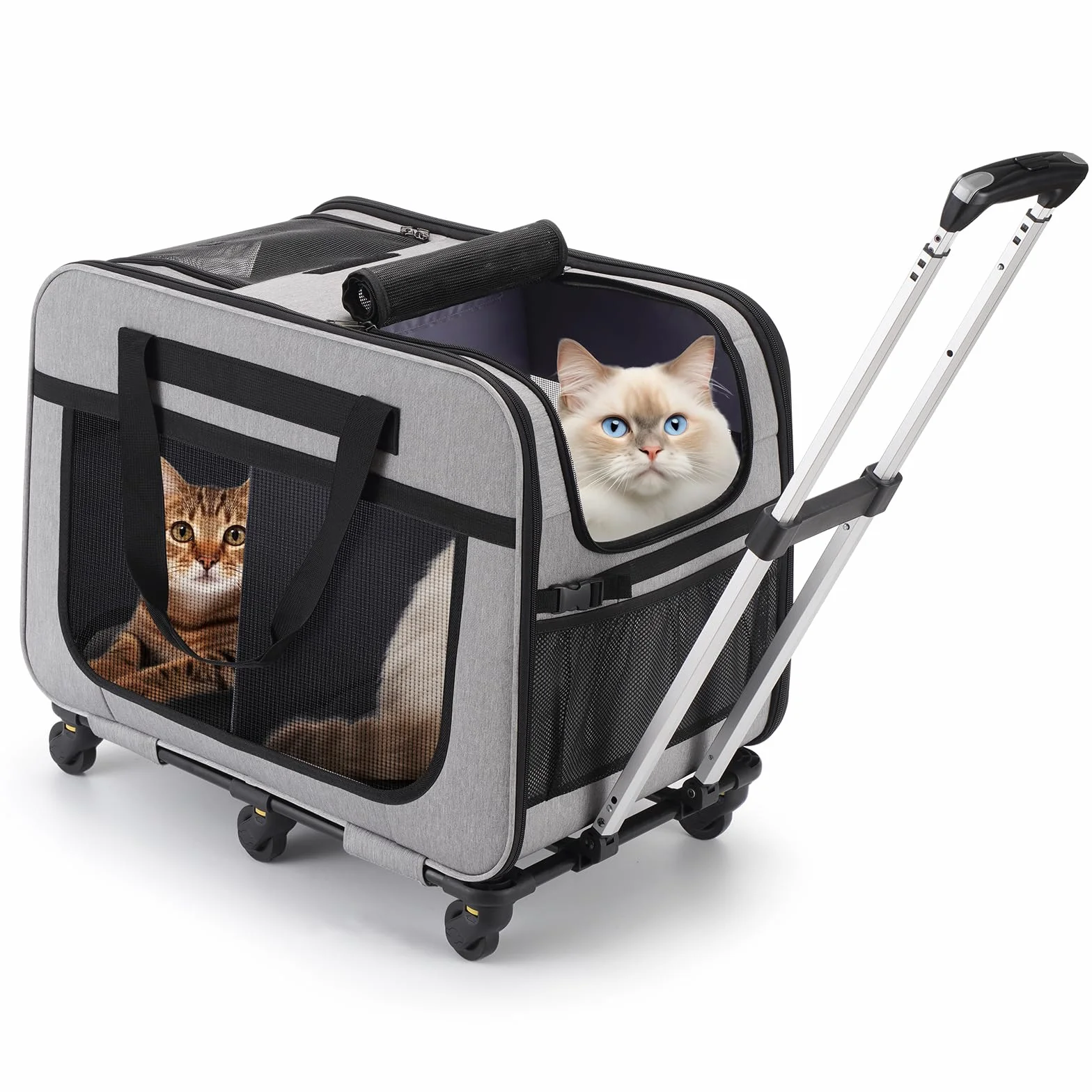 Sac de Transport pour Chats 20kg Double Compartiment Séparateur Amovible Roulettes Poignée Gris XL