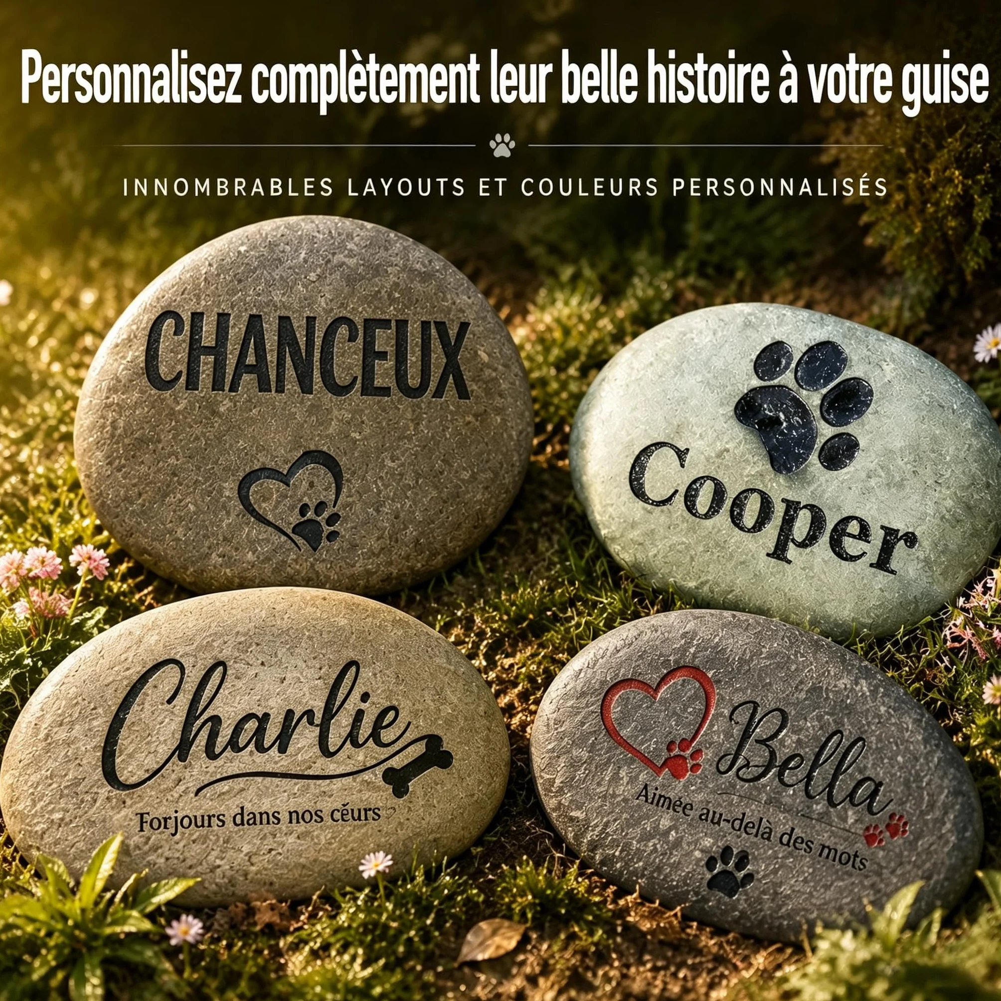 VEELU Plaque Funéraire Personnalisée Chien Chat, Pierre Commémorative Galet Naturel avec Texte, Marqueur Tombe Jardin Cimetière