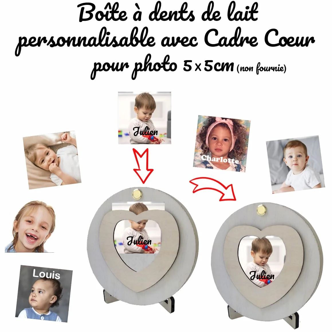 Boîte à dents de lait en bois avec chevalet fabriqué en France Fille Garçon Cadre Photo coeur