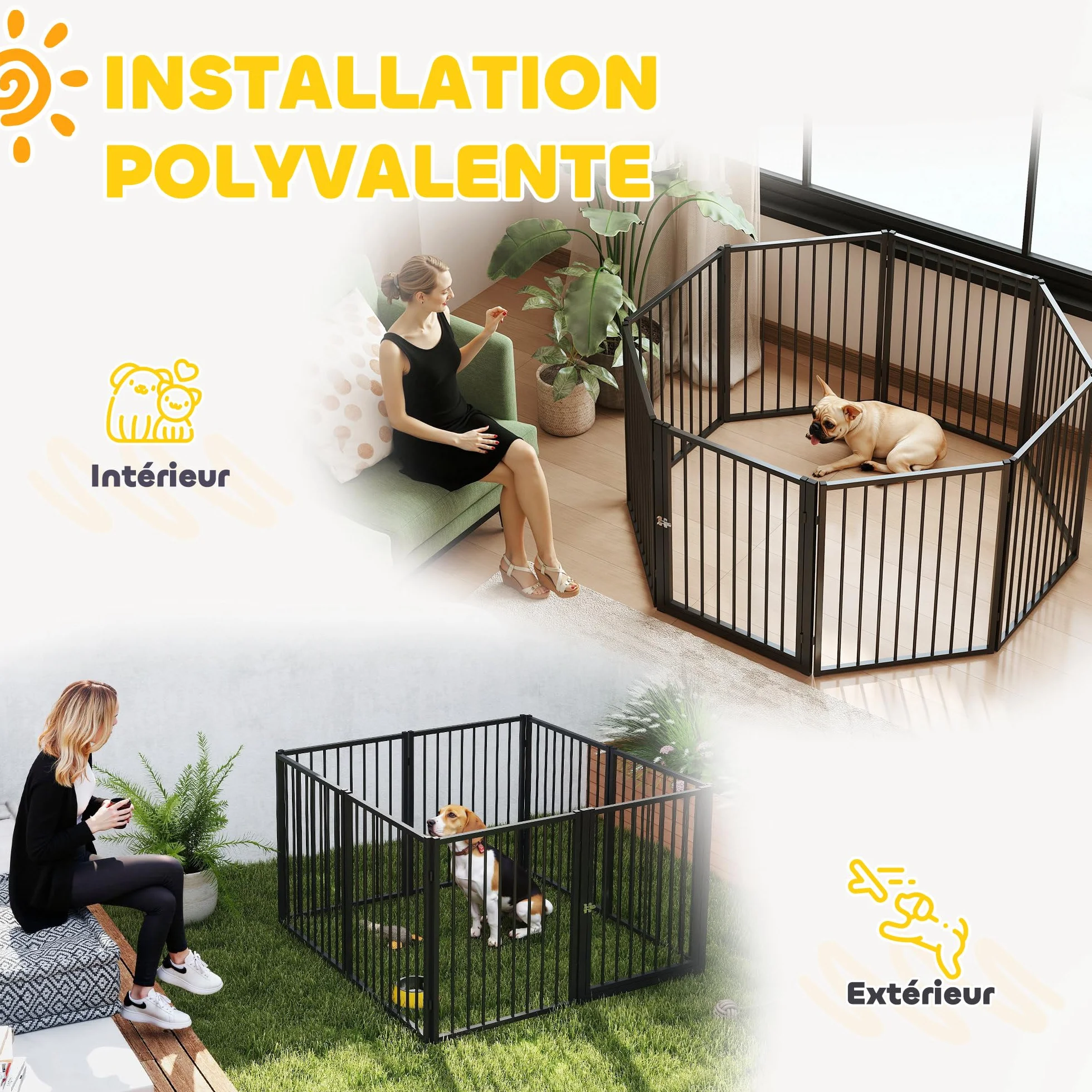 PawHut Parc pour Chien 8 Panneaux modulable Pliable en métal 76H cm avec Porte Noir