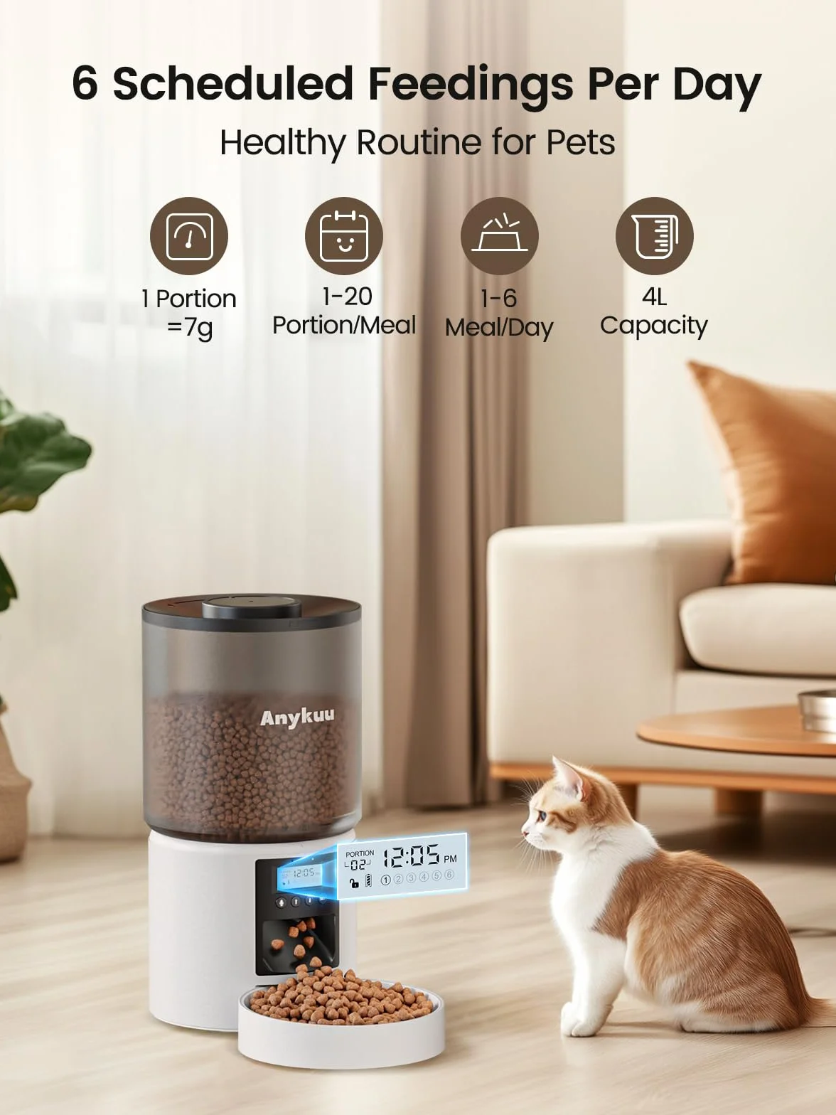 Distributeur Croquettes Chat Automatique 4L Fonction Vocale 10s 6 Repas Minuterie Programmable