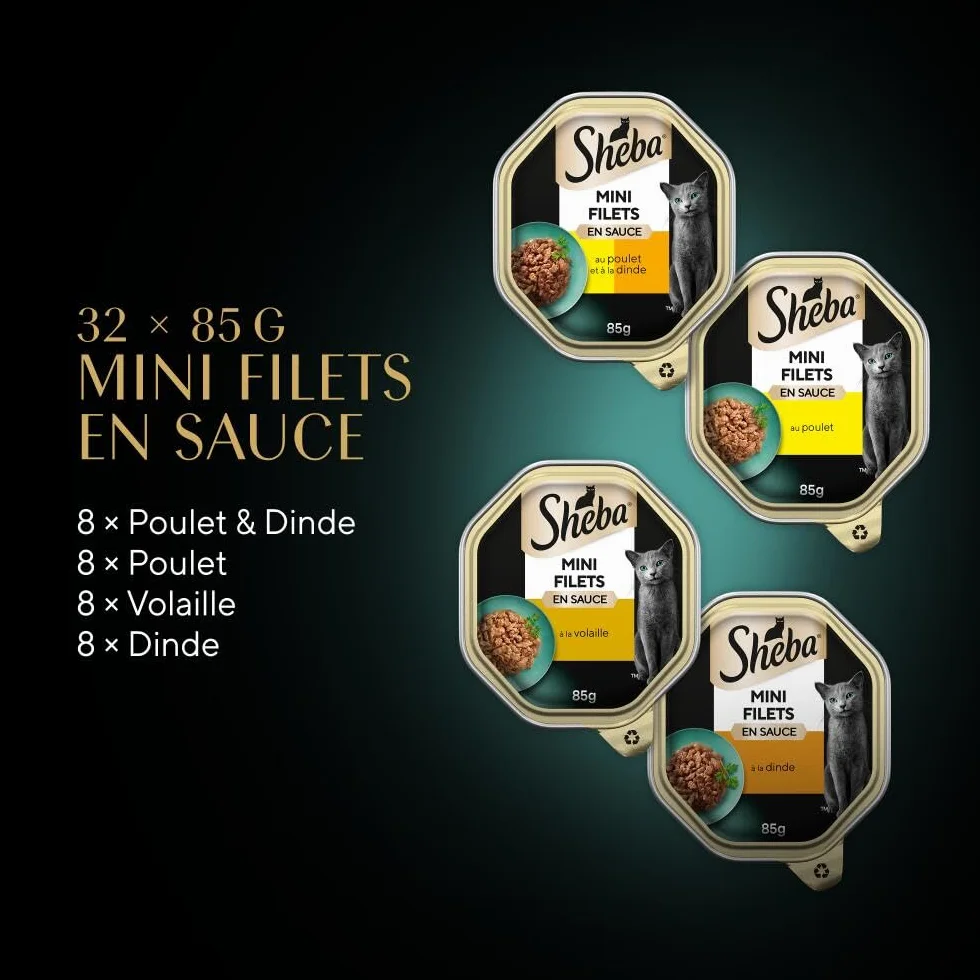 SHEBA Mini Filets en Sauce Sélection à la Volaille barquettes pour Chat Adulte 4 variétés Mega Pack 32x85g