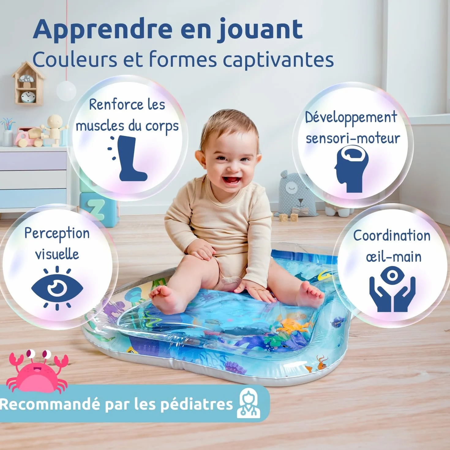 Mallie Tapis d'Eau Bébé Éveil, Tapis de Jeu pour Tummy Time 0-6 Mois, Tapis Gonflable Fille Garçon