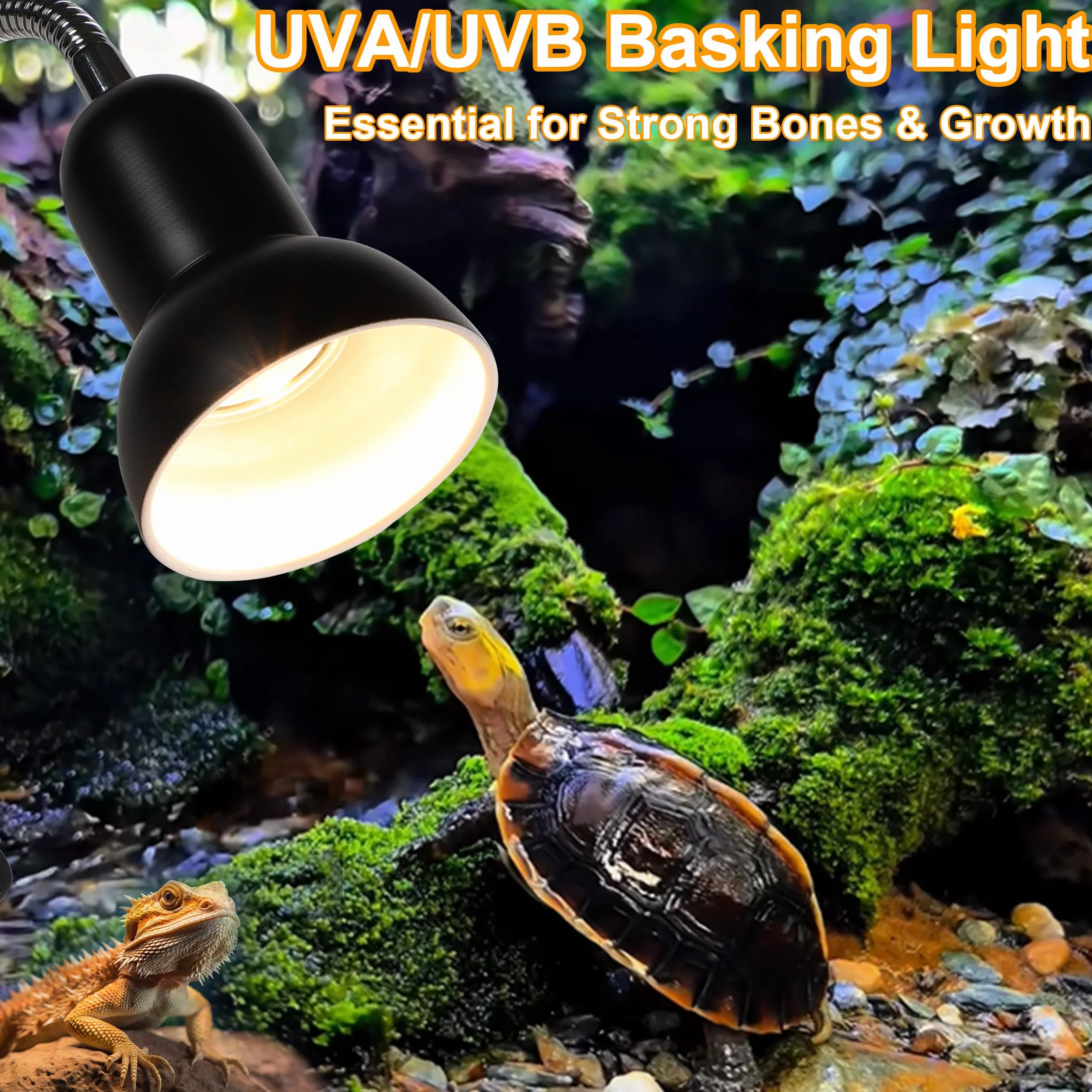 Lampe Chauffante UV Tortue Terrestre UVA UVB 2×50W 1×25W Pince Pivotante 360° Col de Cygne Flexible