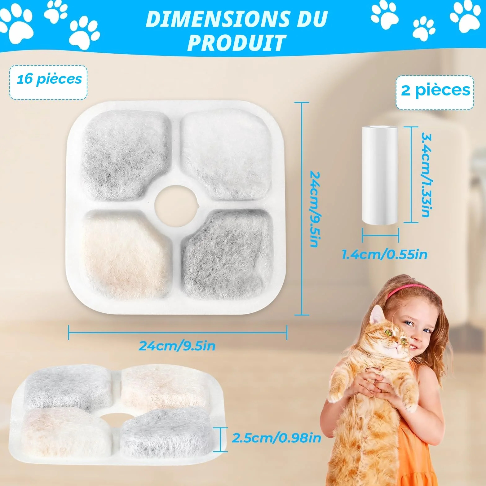 Filtre Fontaine Eau Chat 16 pcs Triple Système Filtration Résine Charbon Actif 2 Tuyaux Rechange