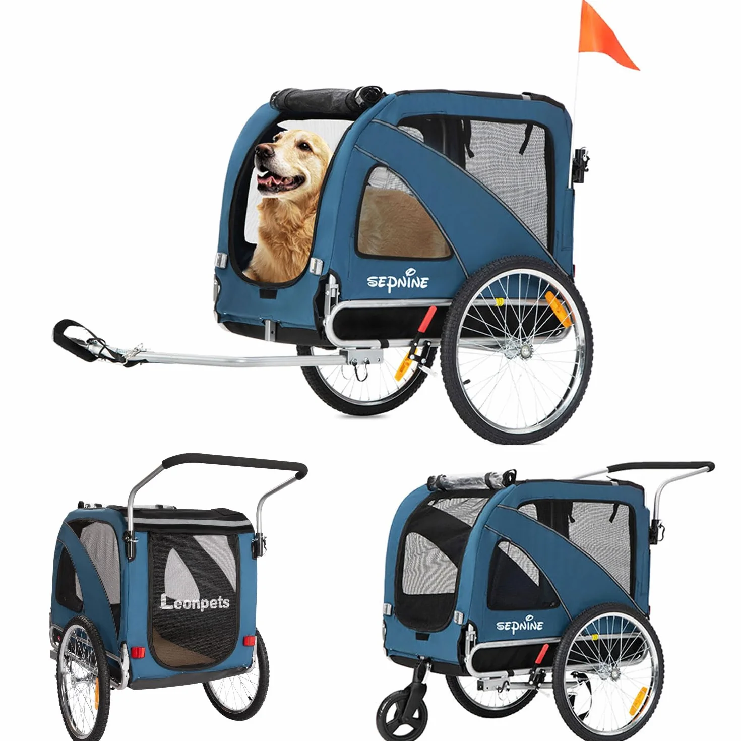 SEPNINE Remorque Vélo Chiens XL, Remorque 2 en 1 Pliable avec Frein de Stationnement, Charge Max 40 kg, Bleu