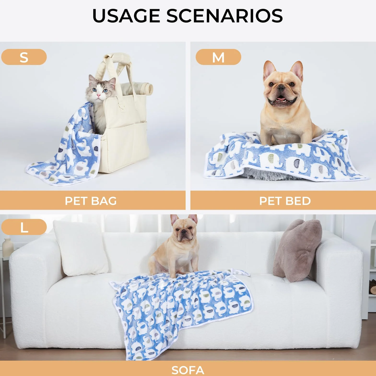 Lot de 3 couvertures en Flanelle Super Douce - Motif éléphant - pour Chiot et Chat - Bleu/Rose/Jaune - Taille M
