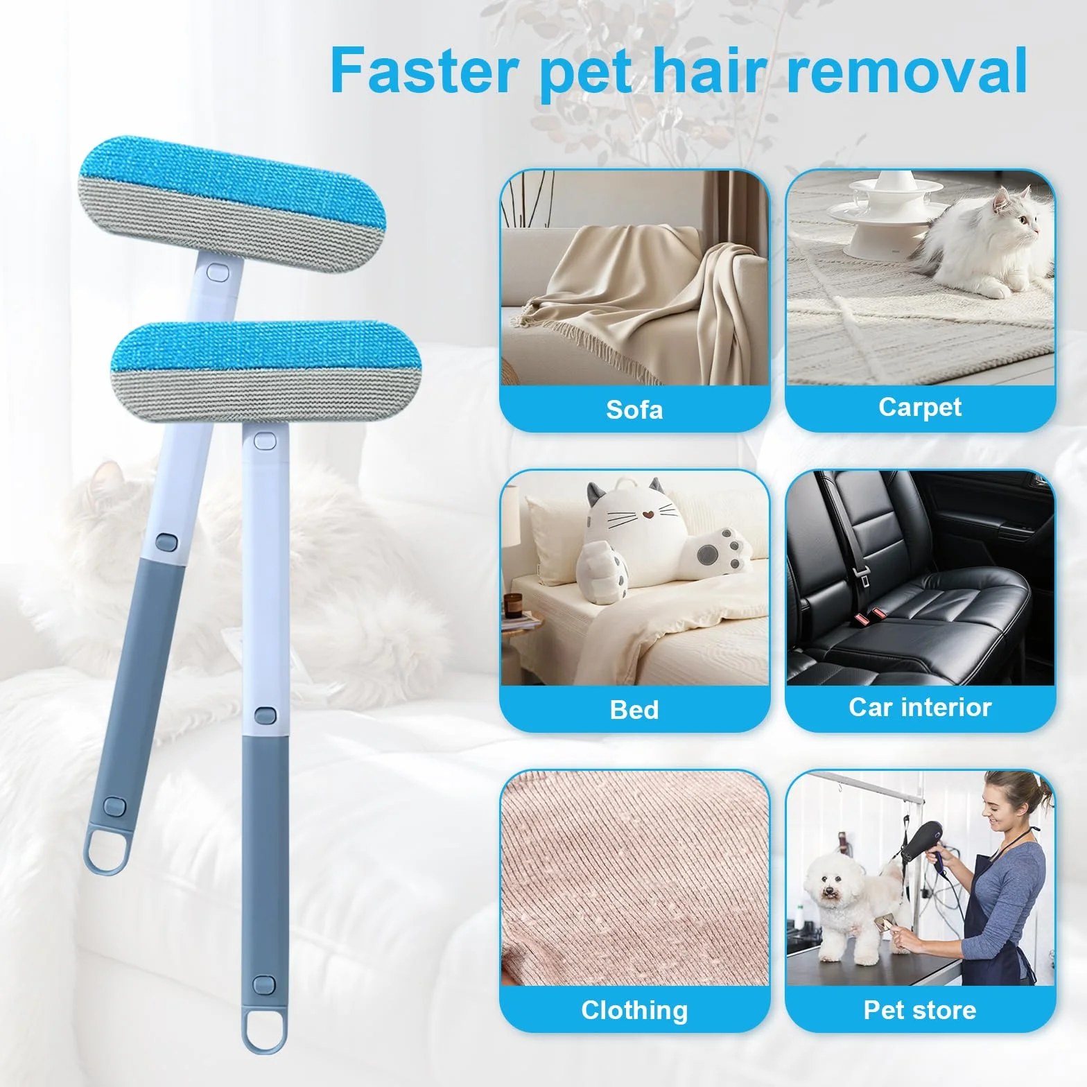 Brosses Anti Poils Animaux 4 en 1, Brosse Réutilisable Long Manche pour Chien Chat, Outil Nettoyage Canapé Tapis
