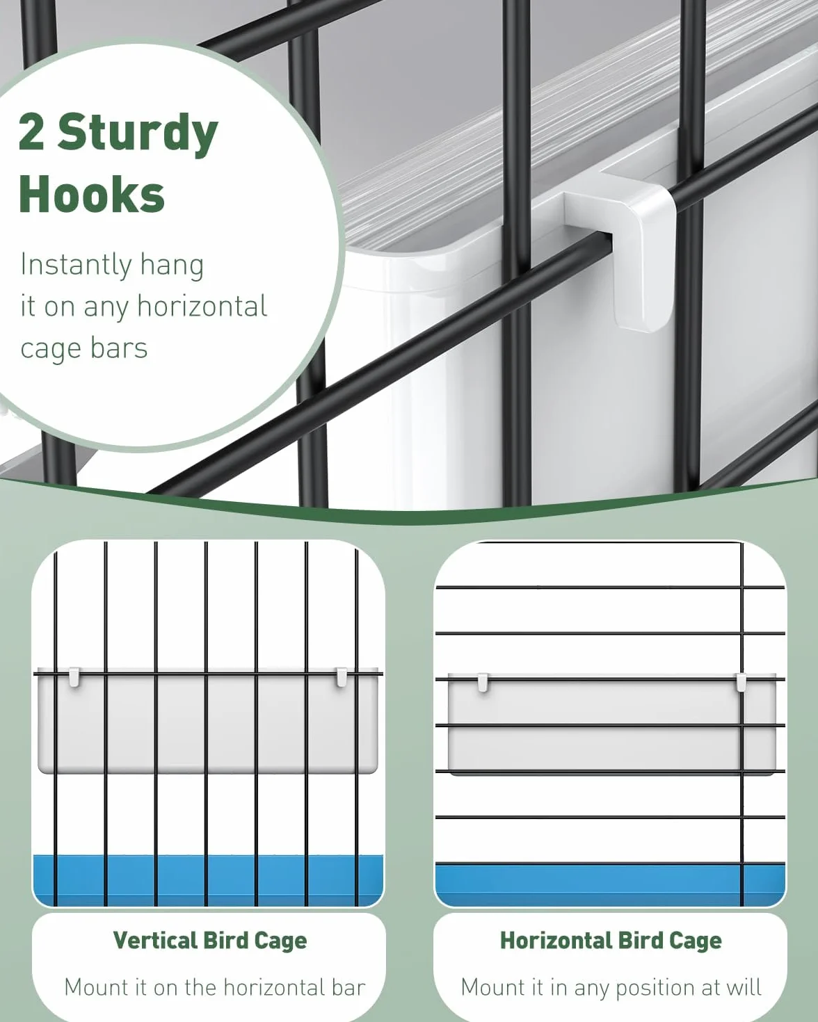 Pawfly 2 pièces Mangeoires pour Cage Suspendues en Plastique avec Crochets, Distributeur d'eau pour Oiseaux avec Perchoirs, Abreuvoir et Bol à Nourriture pour Perruche Calopsitte Canari