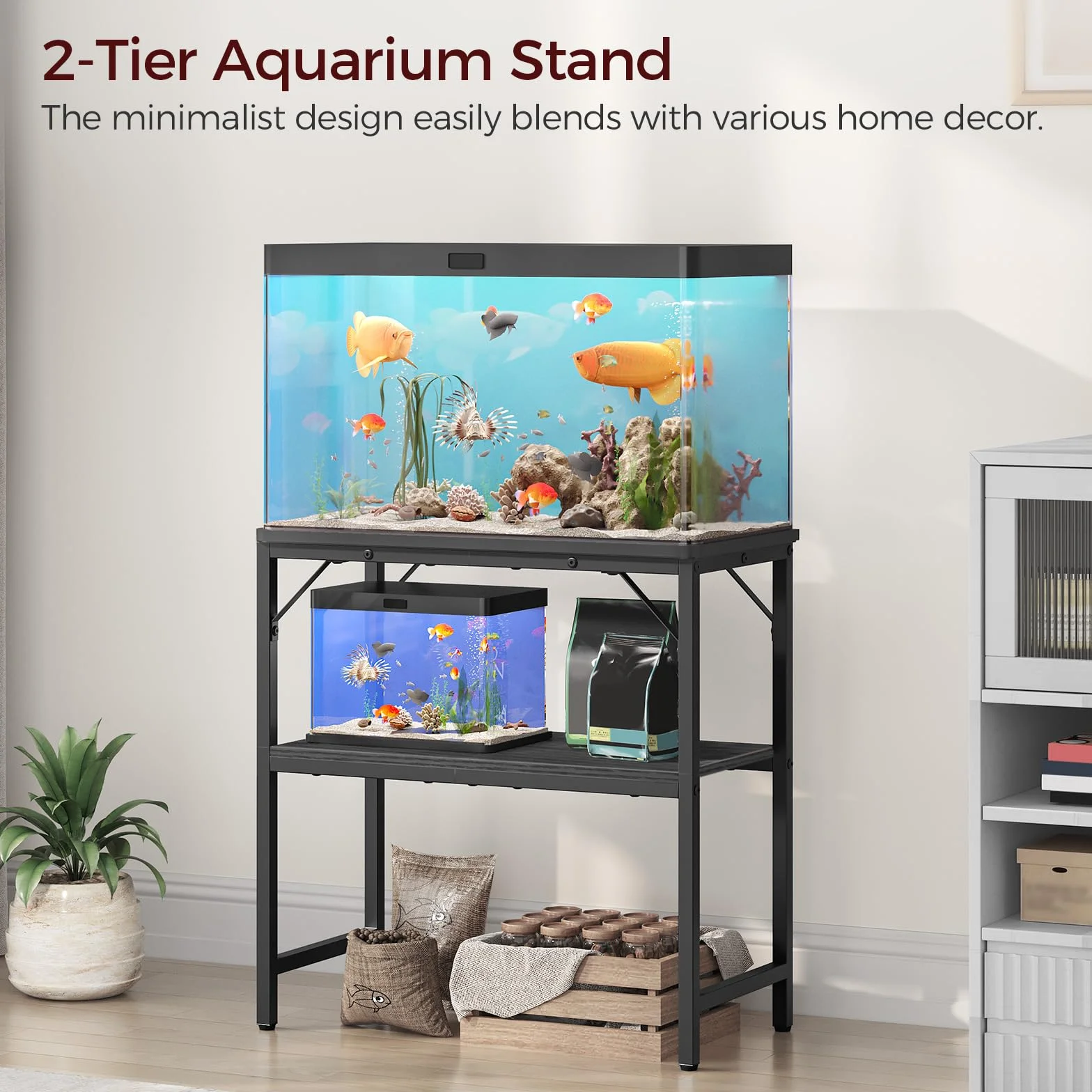 MAHANCRIS Support d'aquarium 20 gallons, 2 étagères, 61 x 30 x 62 cm, Noir