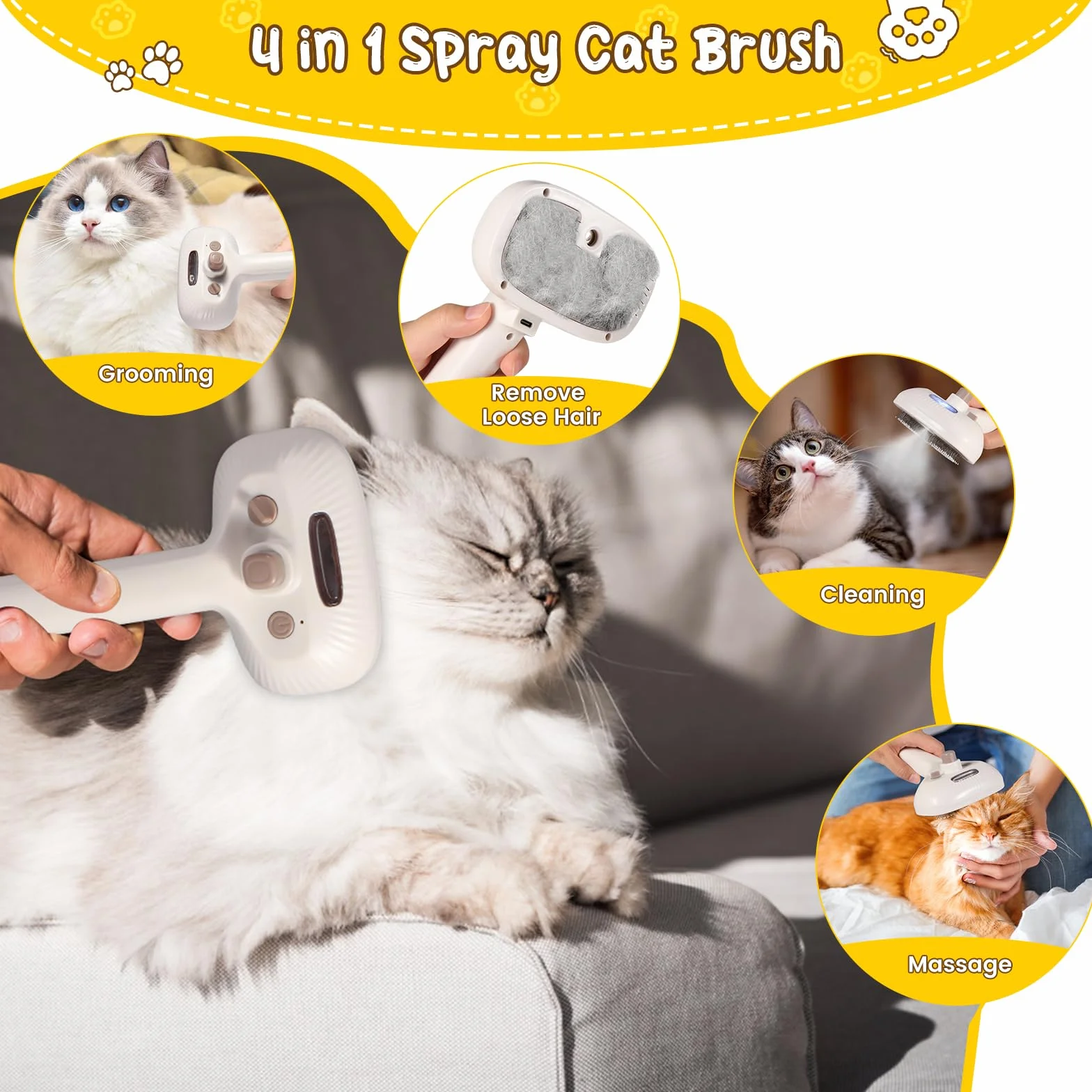 Brencco Brosse Vapeur Chat Chien 4 en 1 Réservoir Rechargeable Poils Courts Longs Massage Soin