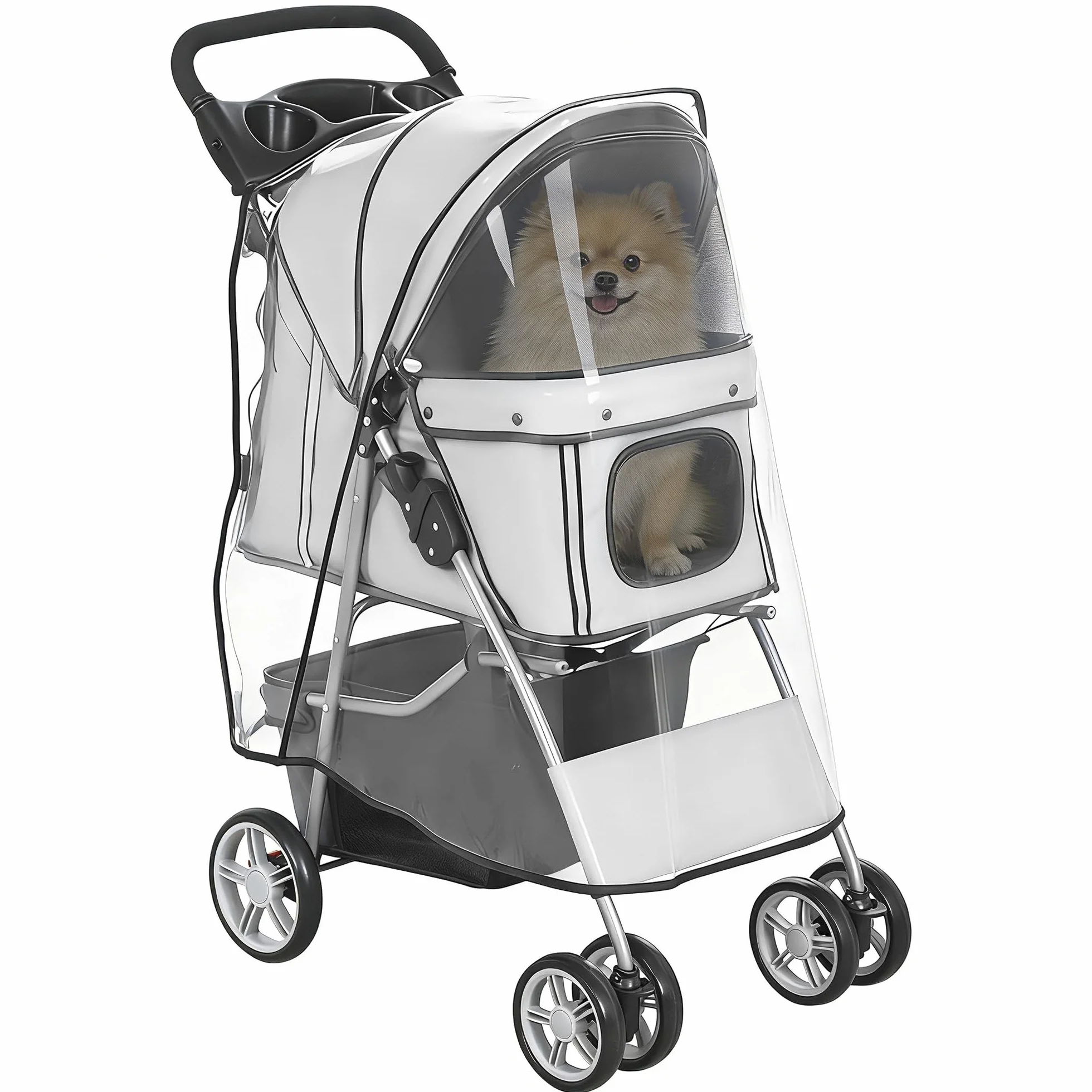 PawHut Poussette buggy pliable animaux chariot pliante imperméable chien chat toit amovible incluse porte-gobelet panier de rangement roues avec frein tissu 600D Oxford acier gris