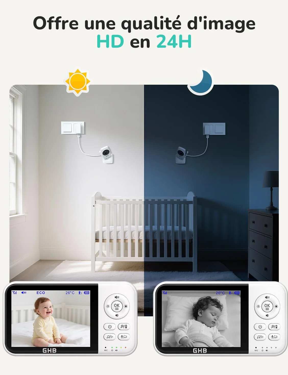 Babyphone Caméra Bébé Surveillance 3,2 pouces LCD 2100mAh Capteur de Température Vision Nocturne 2X Zoom Audio Bidirectionnel