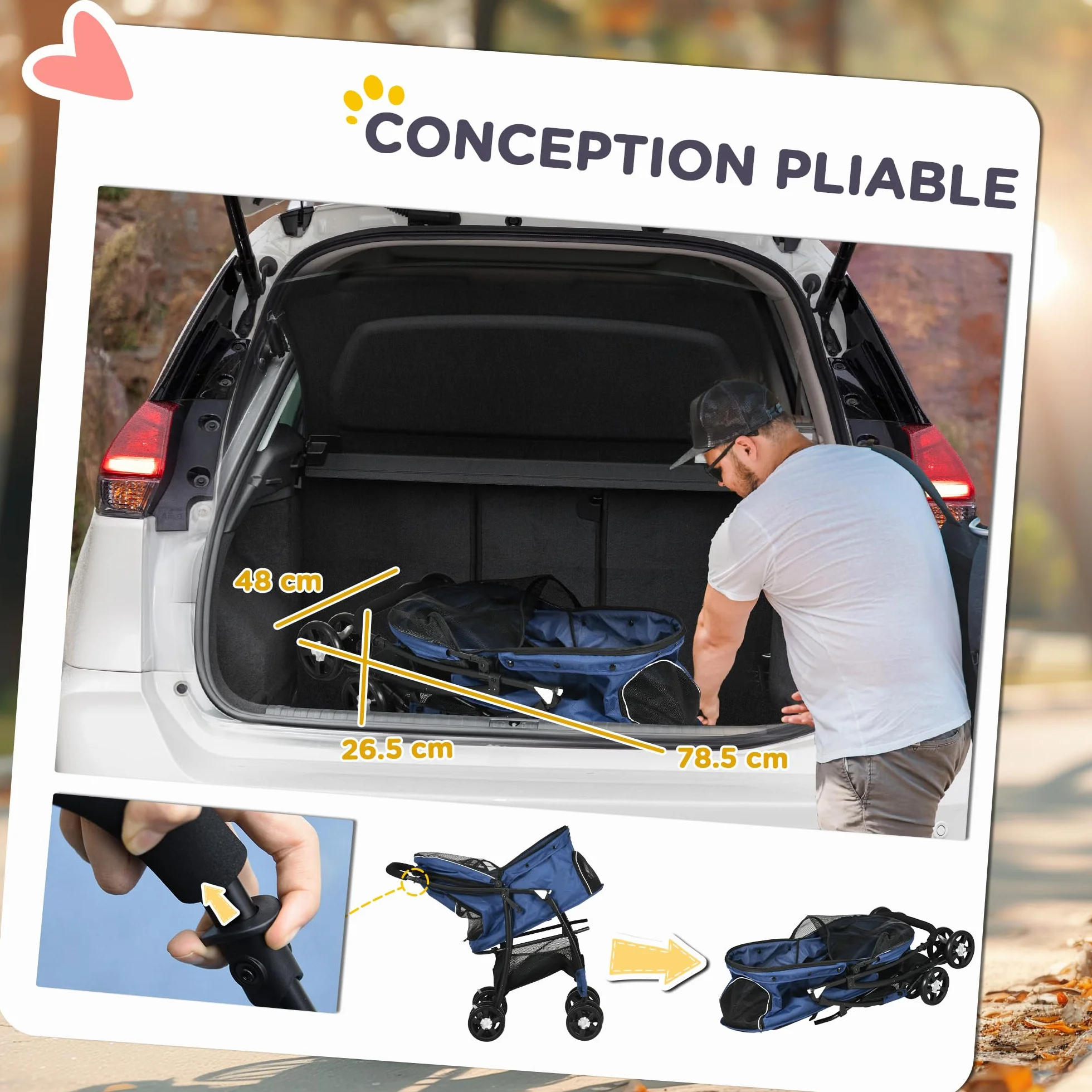 PawHut Poussette Buggy Pliable pour Chien et Chat, Tissu 600D Oxford, 4 Roues, Bleu