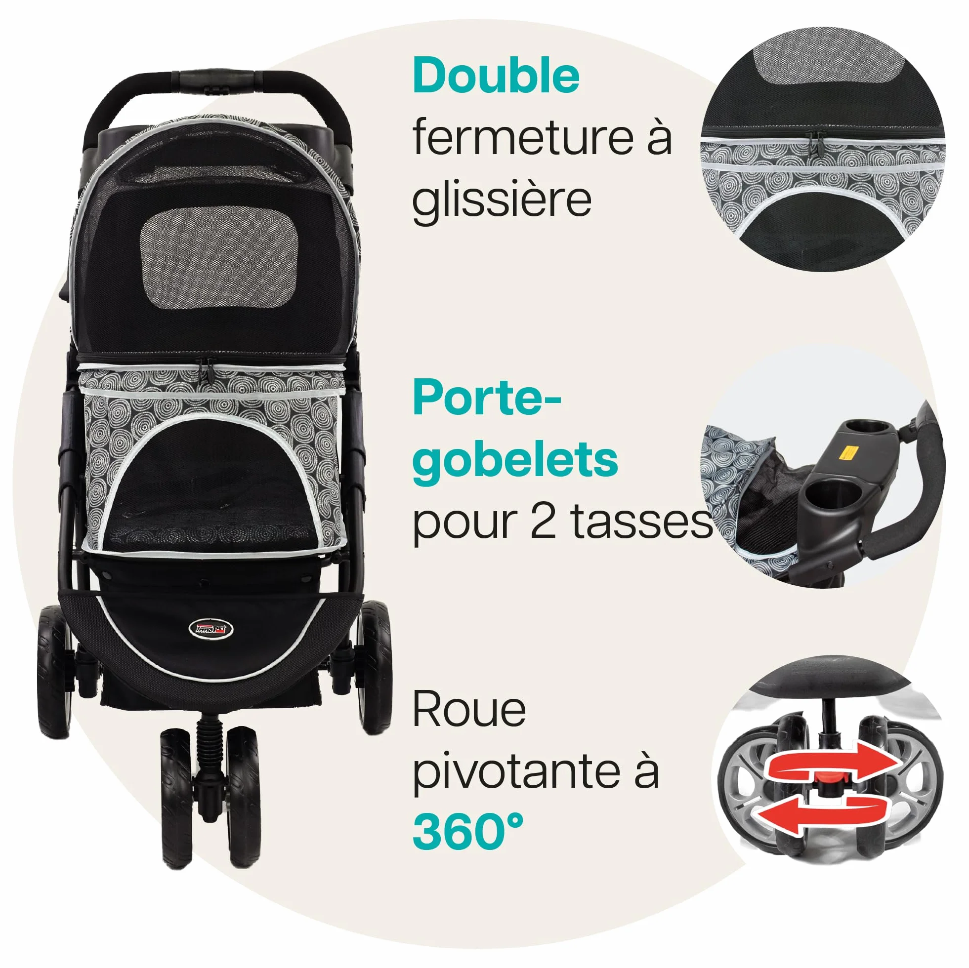 Poussette pour chien Innopet Allure Onyx - Design élégant - Roues pivotantes à 360° - Panier de rangement - Poussette pour animal compacte et pliable