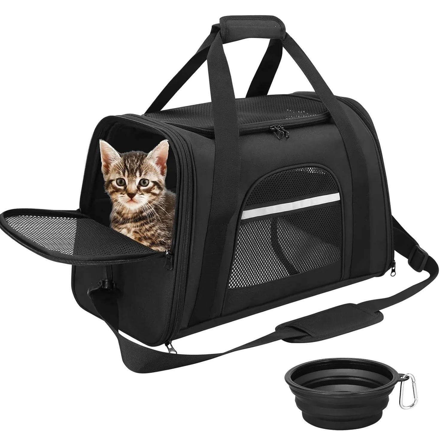 Transport Sac Chat Chien Caisse Respirant Pliable avec Matelas Amovible et Bol Noir