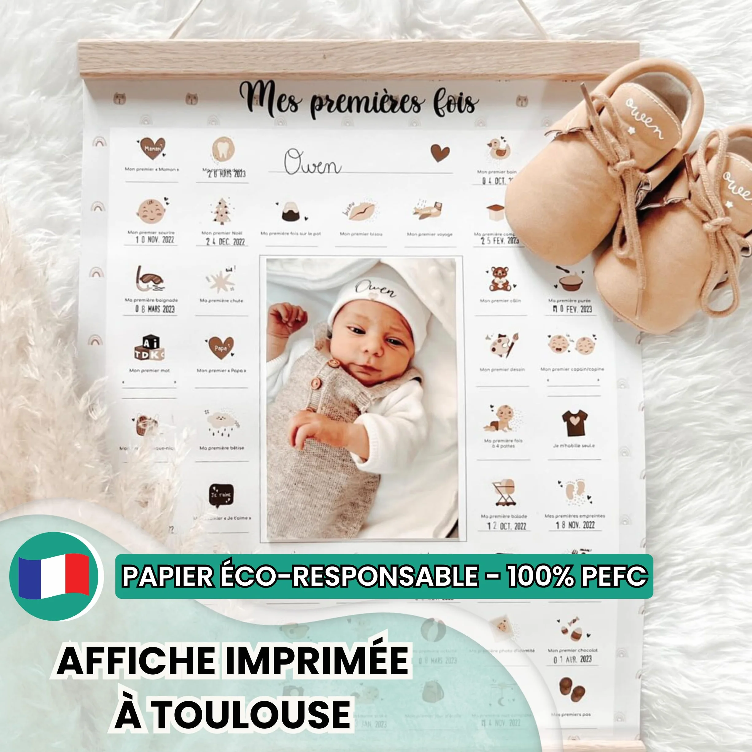 Pack Affiche "Mes Premières Fois" à Tamponner + Tampon Dateur + Baguettes de Suspension - Cadeau de Naissance, Décoration Chambre Bébé, Grand Format A3 (Modèle Renard)