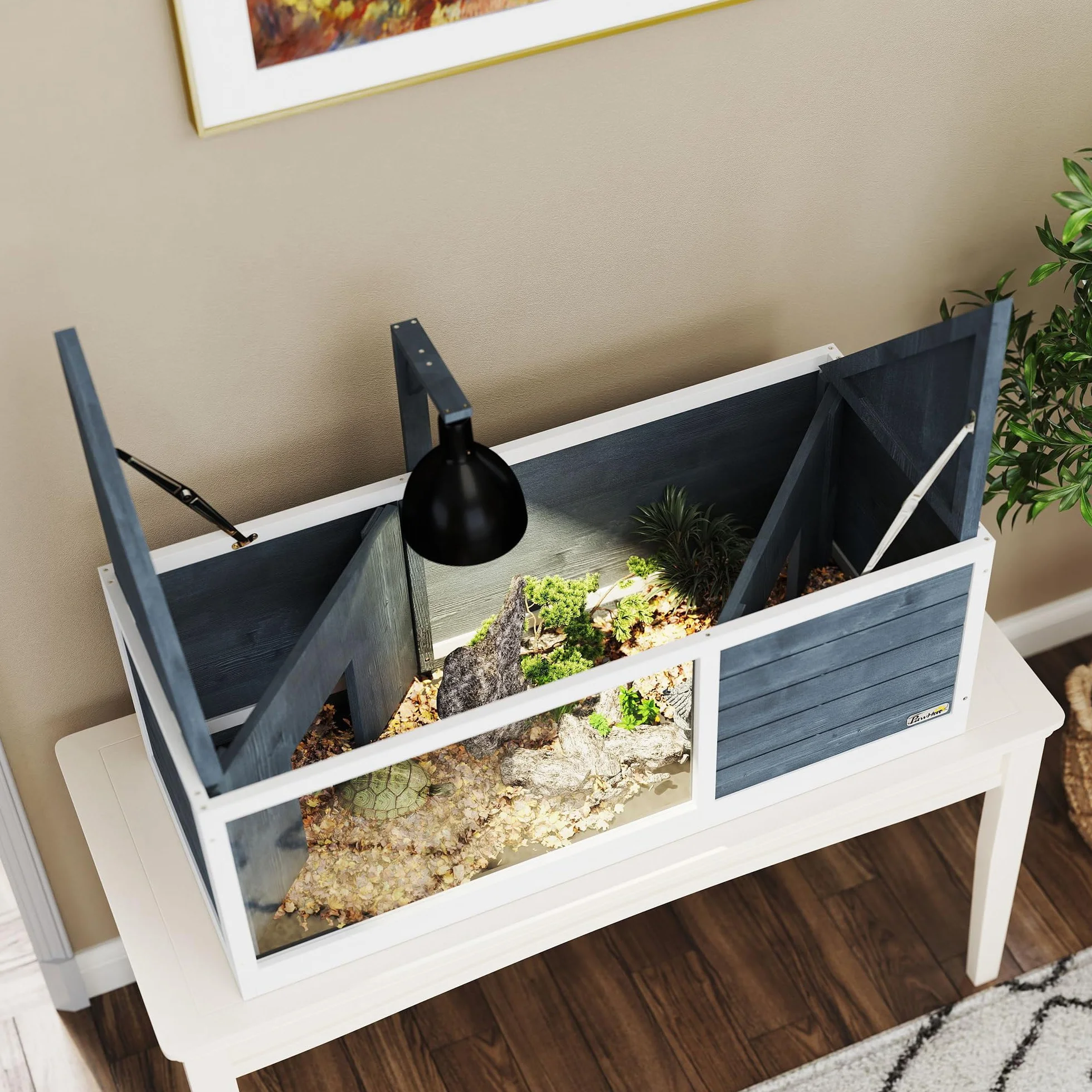 PawHut Maison pour Tortues XL 120 cm Terrarium Tortue terrestre en Bois 2 niches Toit ouvrant Aire de Jeu Ouverte enclos Support Lampe fenêtre panoramique Gris