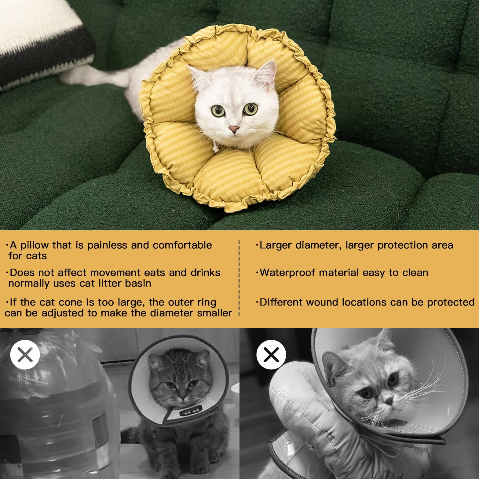 Collerette pour chat réglable douce après chirurgie taille M jaune