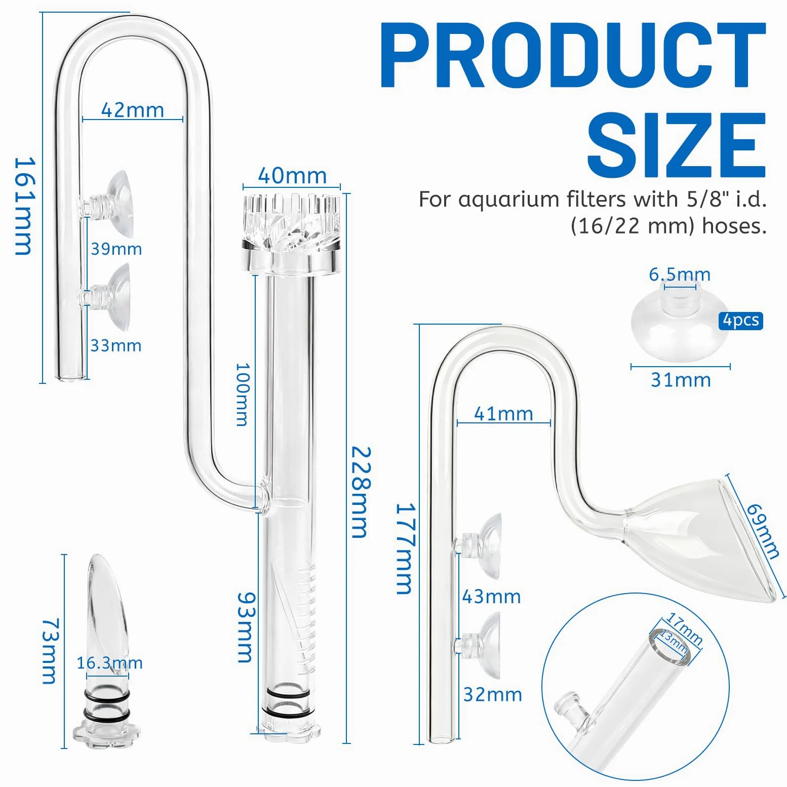 lalago Tube en Verre de Marque Lily Pipe de 17mm, Ecumoire d’Aquarium Arrivée et Sortie avec Les Tuyaux de Filtration de 16/22 mm (5/8" de Diamètre Intérieur), Tuyauterie de Filtration de Surface